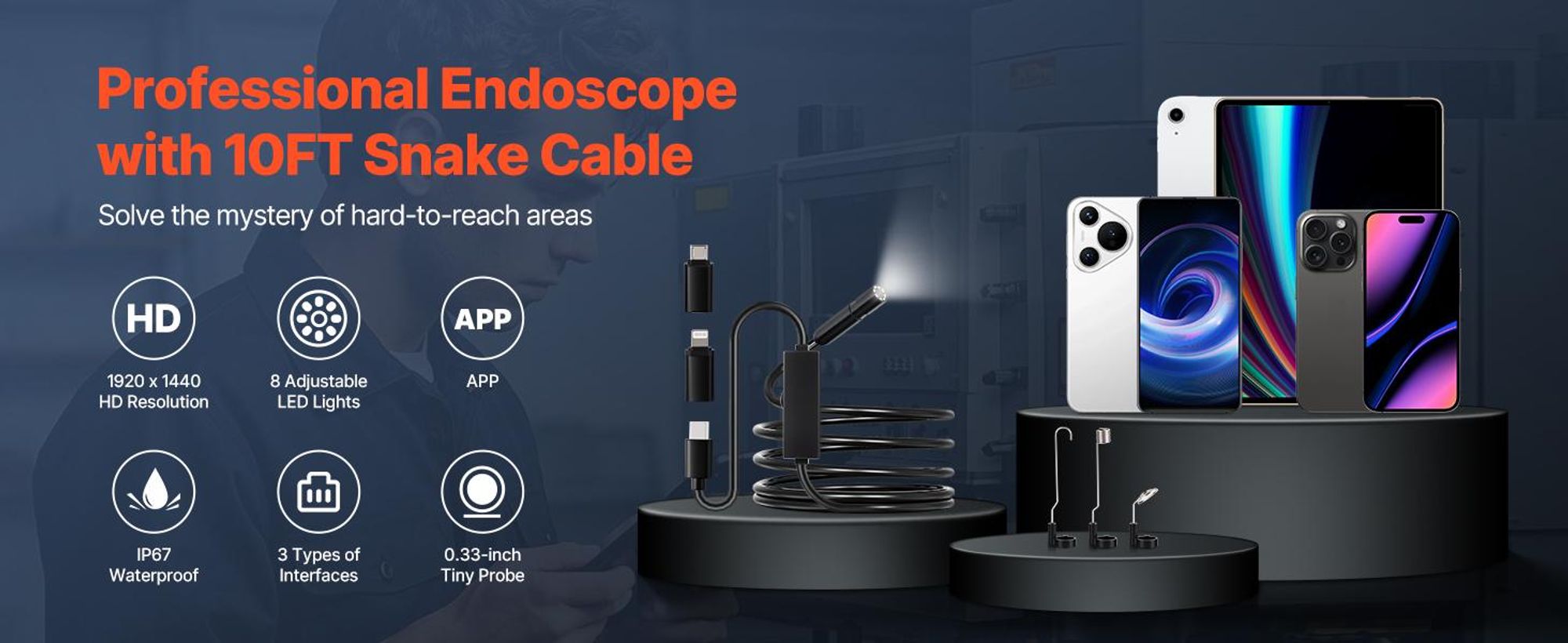 VEVOR Endoskopkamera mit Licht, 1920P HD-Endoskop für Android & iOS, Inspektionskamera mit 8 LED-Leuchten & 3 m langem Kabel, 2-facher Zoom