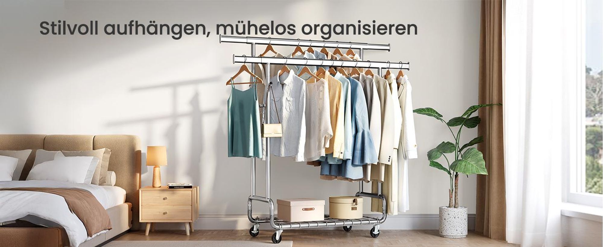 SONGMICS Kleiderständer, Schwerlast-Garderobenständer, auf Rollen, 2 ausziehbare Kleiderstangen, verstellbare Höhe, mit Ablage, Haken, silbern