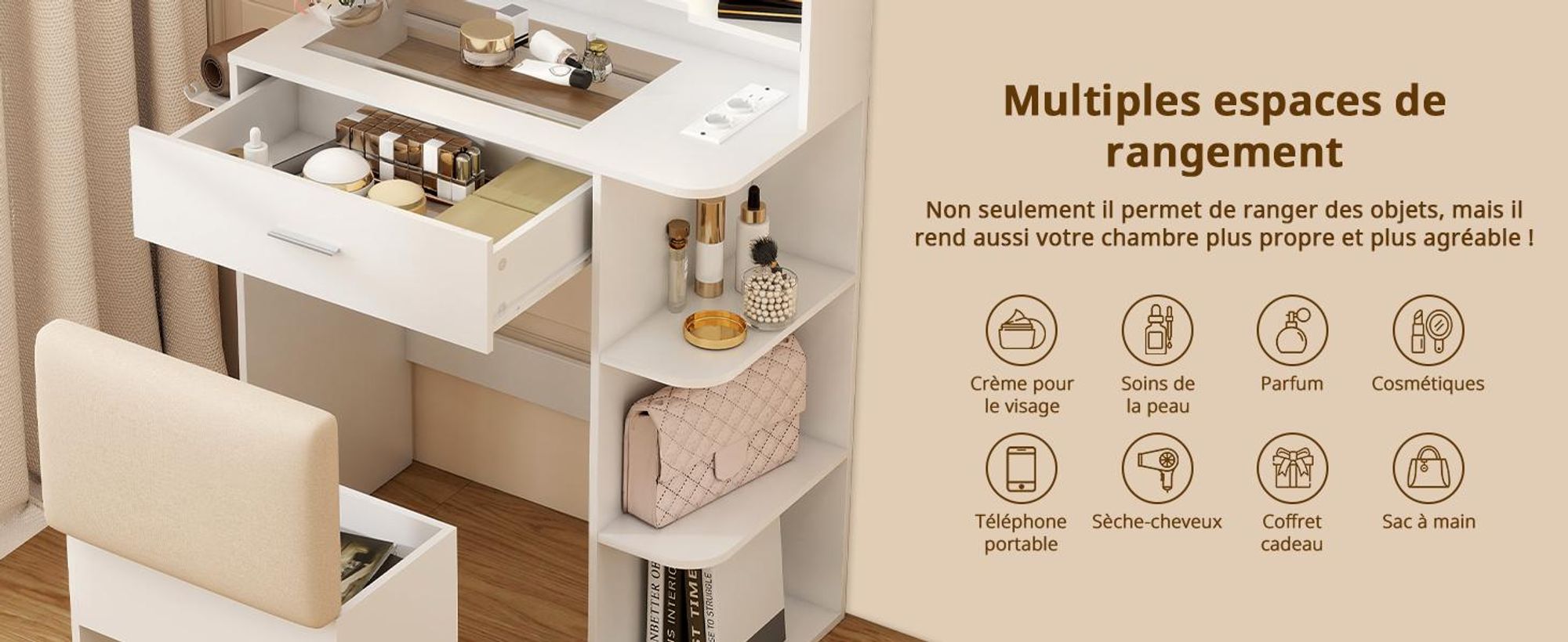 Table de maquillage Puluomis avec éclairage LED réglable, table de coiffure avec tiroir, support pour sèche-cheveux, ports USB et prises, plateau en verre, tabouret avec rangement, couleur blanche