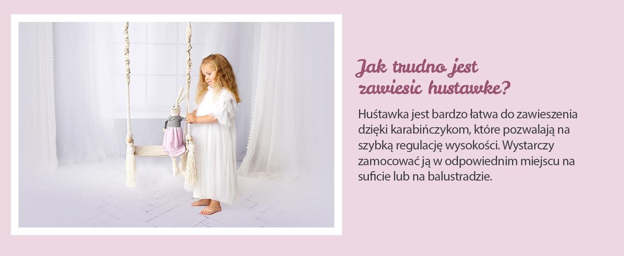 Create for you® - Drewniana Huśtawka dla Dzieci z Liną Bawełnianą Bezpieczna - Bujak Dziecięcy, Siedzisko Indoor Miękki Materiał, z Regulacją Wysokości - Róż