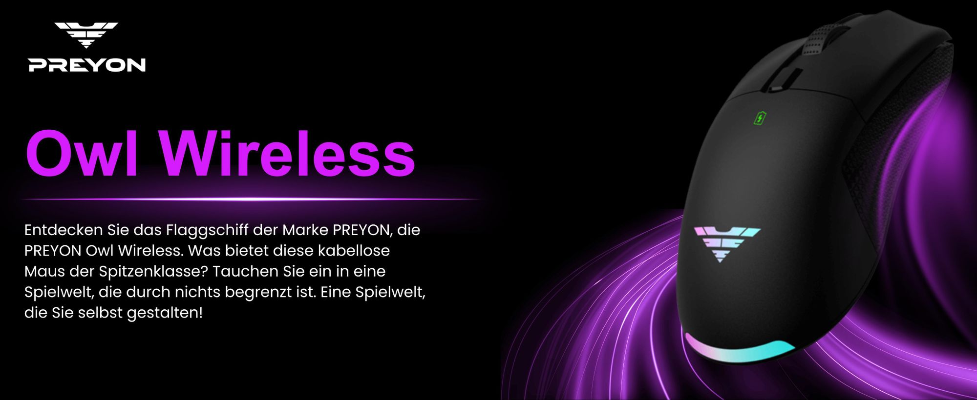 PREYON Owl Wireless Spielmaus Robuste Gaming-Maus - Zwei Verbindungsmodi - Kabellos und Kabelgebunden - Sensoren Pixart PAW 3335 - Schwindelerregende 16000 DPI - Omron 50M Schalter - RGB-Beleuchtung