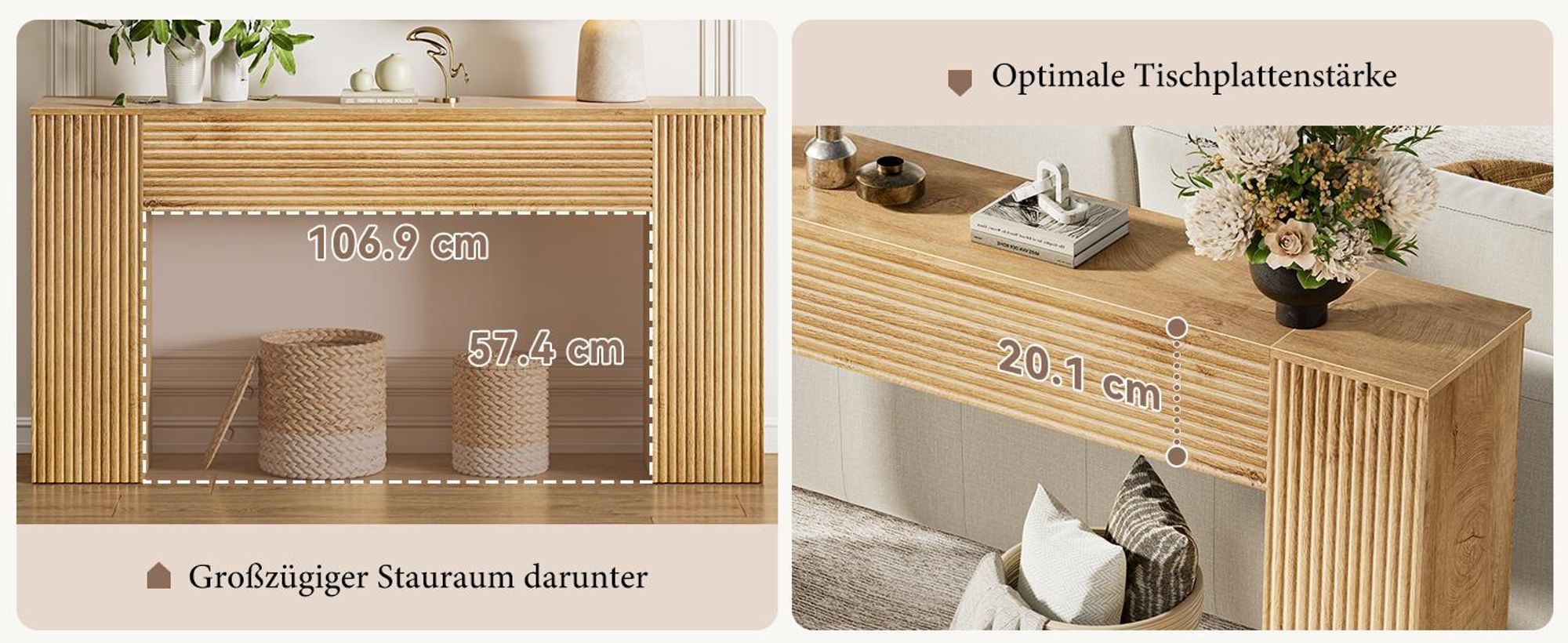 FABATO 155 cm gewellte Konsole mit 2 versteckten Stauraumfächern – schmale Sofatisch in Holzoptik für die Wand, Einstiegs- & Flurtisch für Wohnzimmer