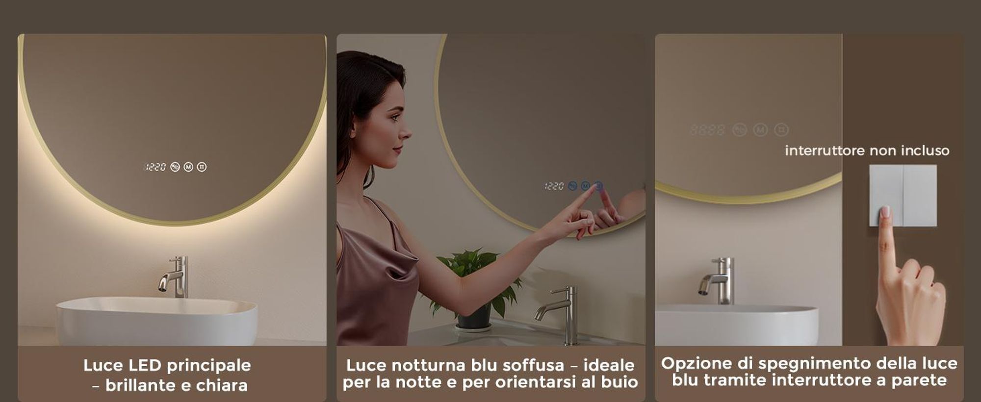 S'AFIELINA Specchio Bagno LED Rotondo 70 cm, Cornice Dorata, 3 colori di luce, luminosità regolabile, antiappannamento, orologio e temperatura
