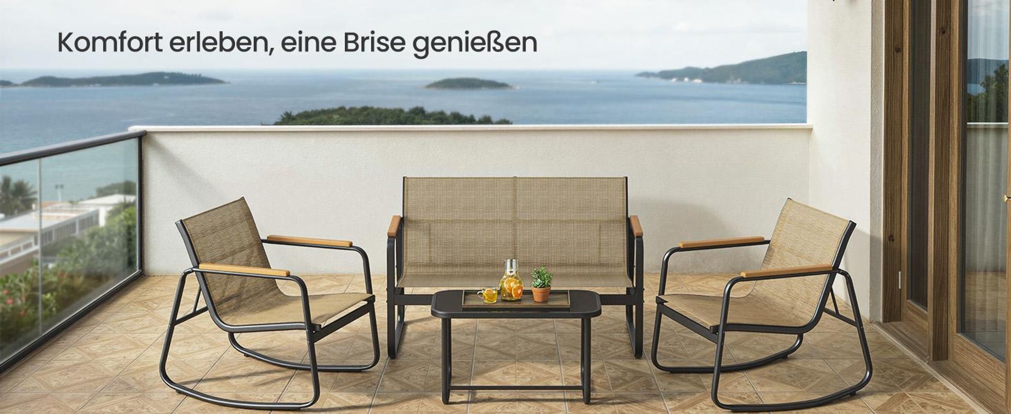 SONGMICS Gartenmöbel-Set, Balkonmöbel, 2 Schaukelstühle mit Tisch, Bank, Stahl, mit Armlehnen, atmungsaktiv, braun