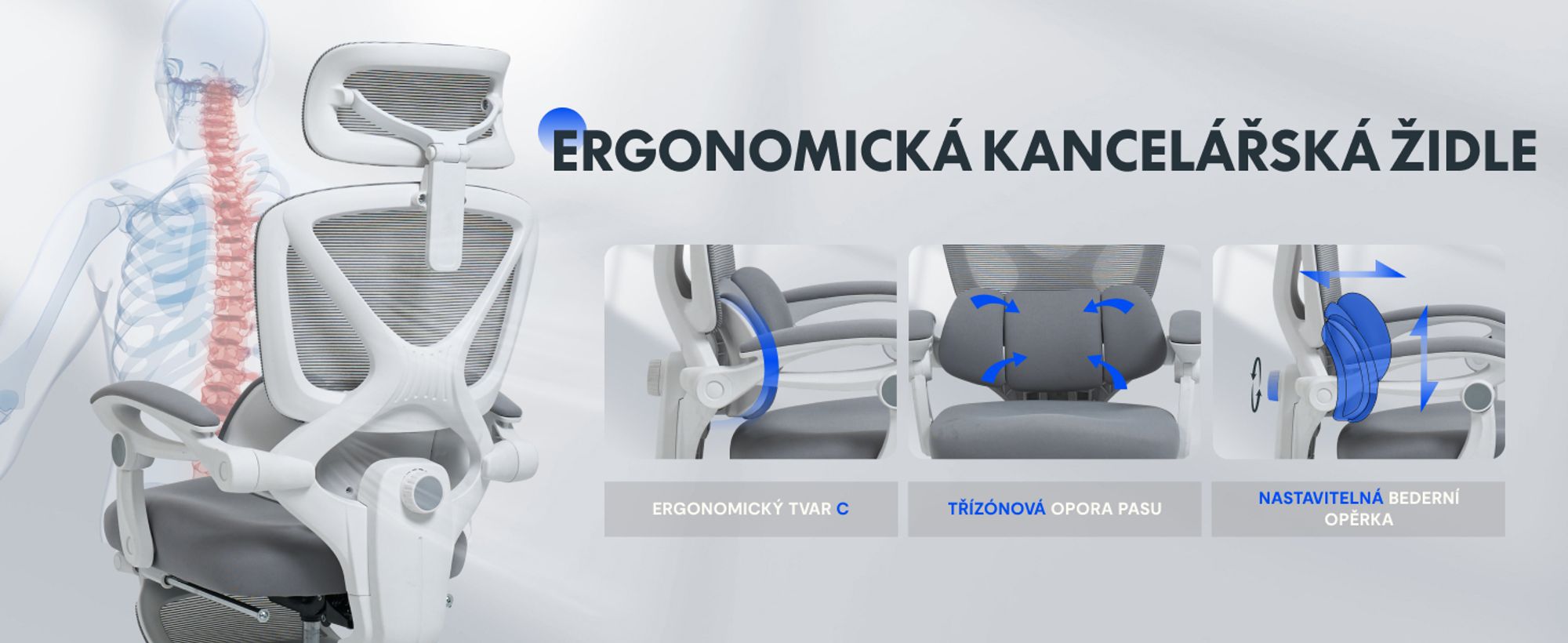 Ergonomická kancelářská židle FLEXISPOT s 3D opěrkou hlavy, nastavitelnou bederní opěrkou, funkcí naklápění 90–135°, spojenými područkami, opěrkou nohou, nosností 136 kg, šedá