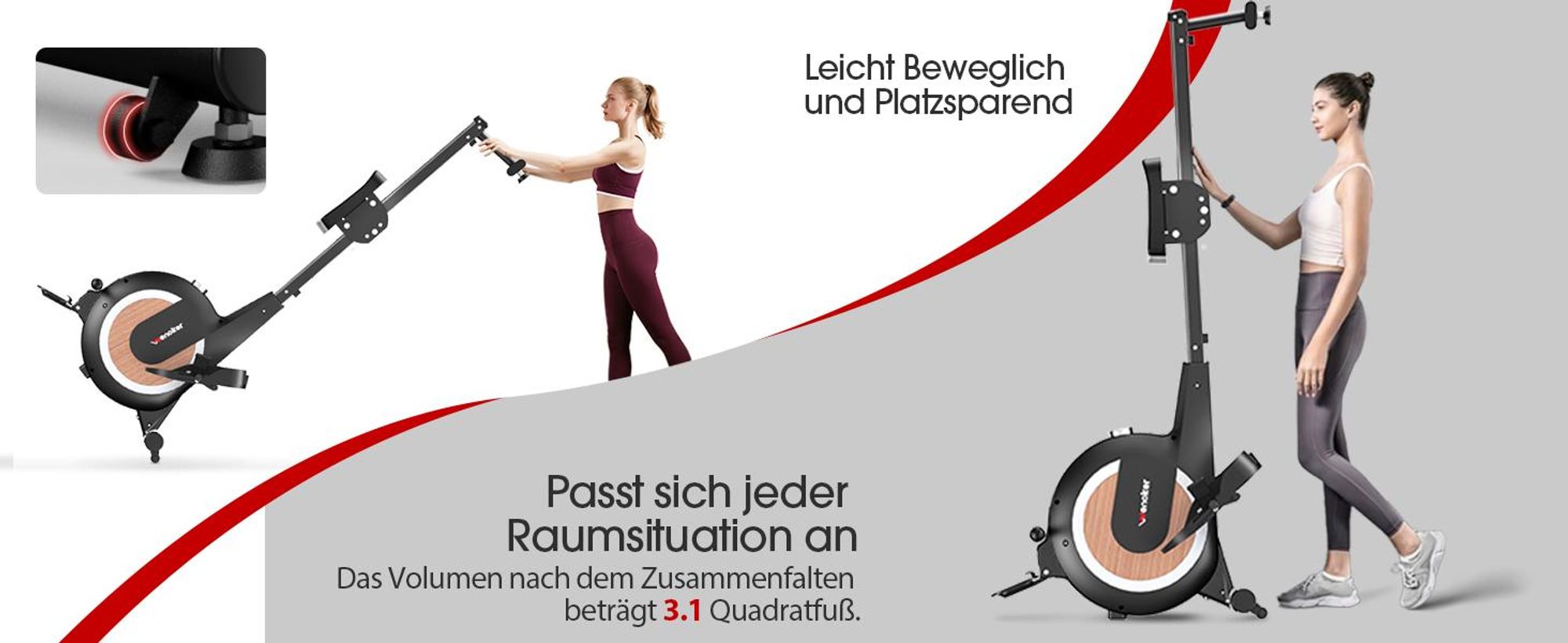 WENOKER Rudergerät mit Magnetbremse, Aluminium-Schiene, 16 Widerstandsstufen, LCD-Display, Bluetooth & Kinomap kompatibel, bis 160 kg