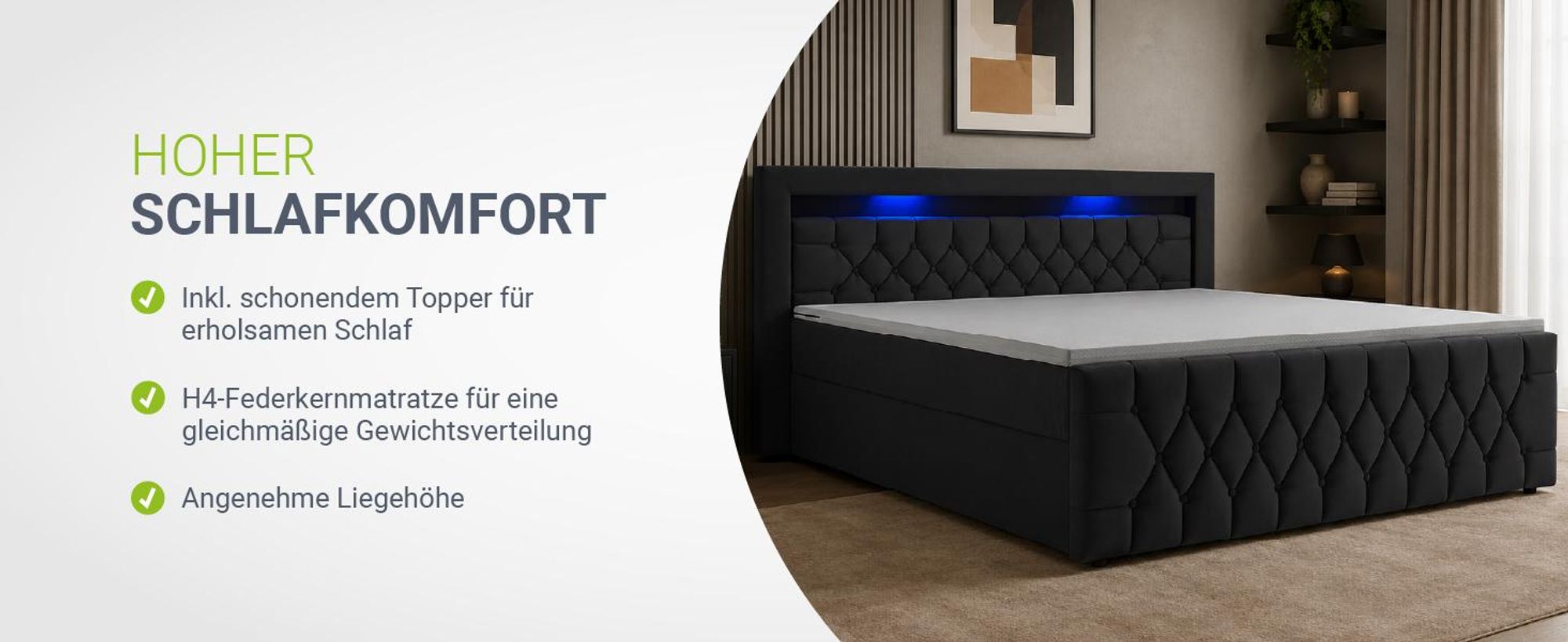 Juskys Boxspringbett Leona Samt 180x200 cm in Schwarz – mit LEDs, Topper & Federkern-Matratzen