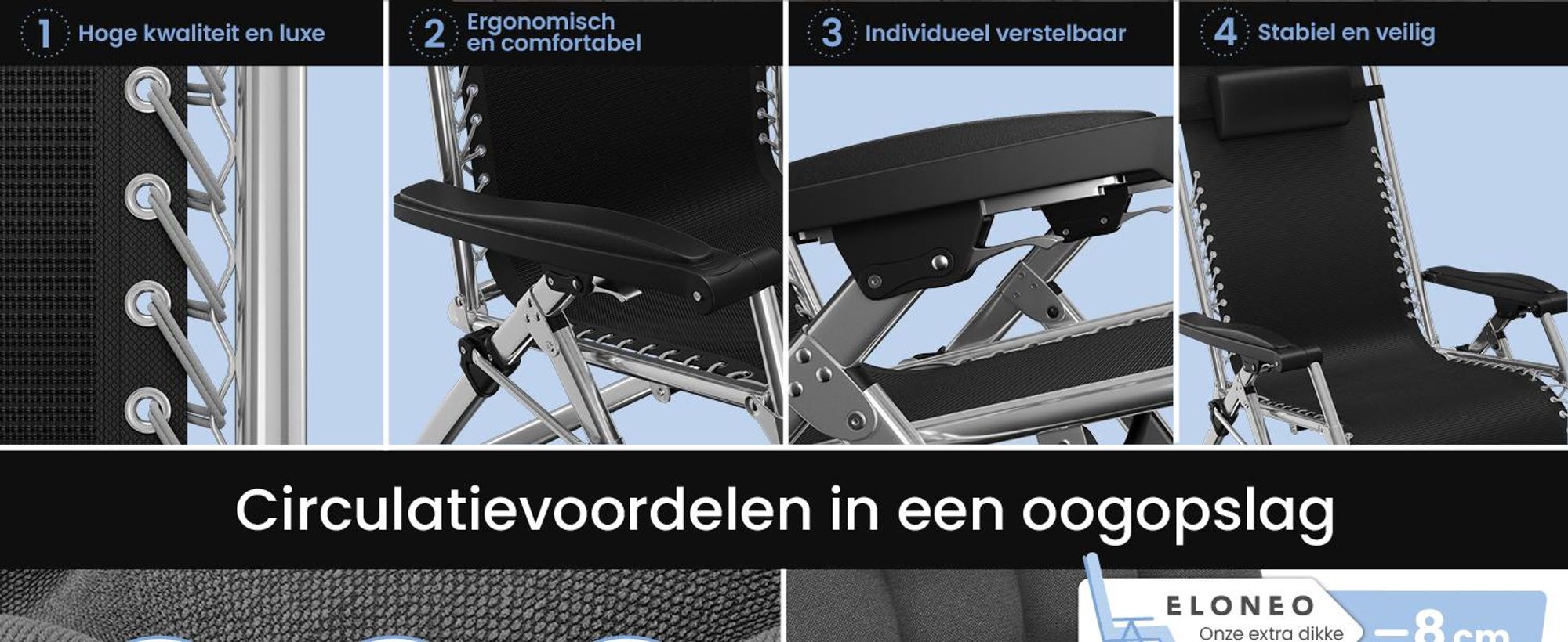 ELONEO Ligbed, inklapbaar, met premium bekleding, weerbestendige ligbed met een draagvermogen van 200 kg, extra brede tuinstoel met bekerhouder, zwart