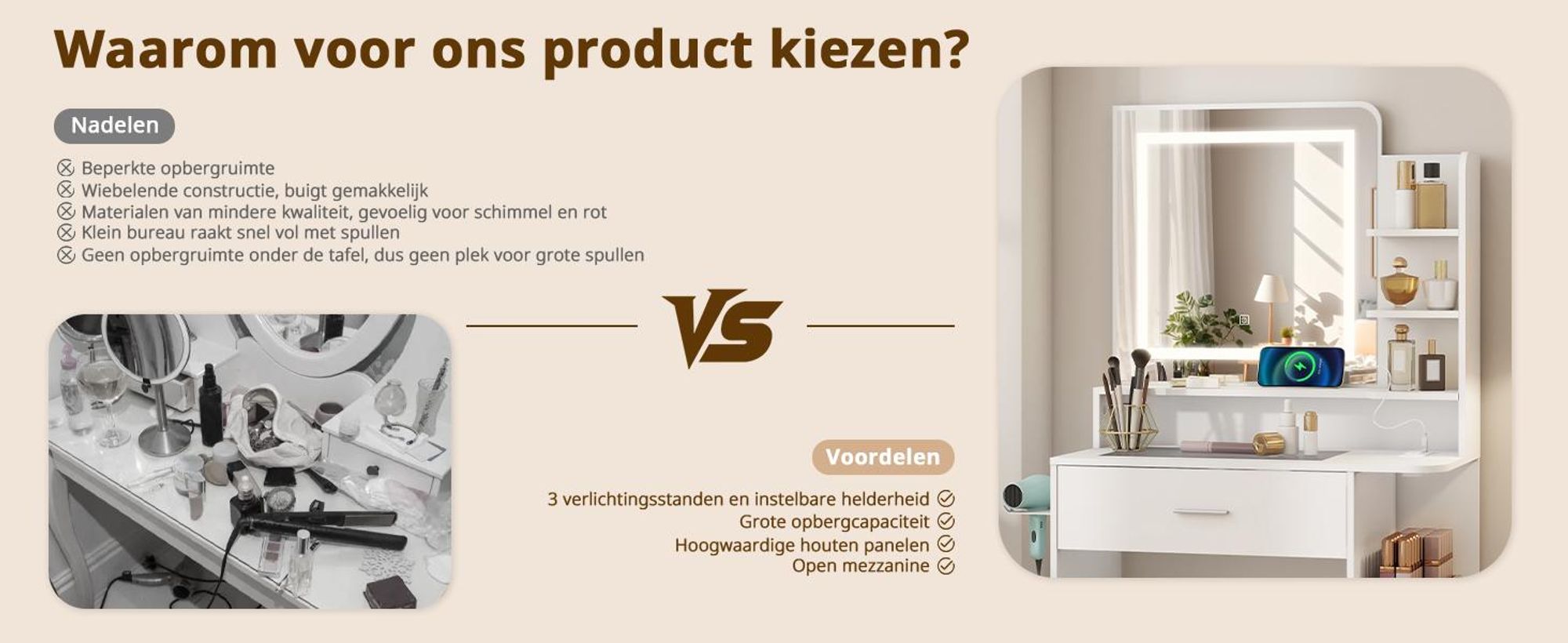 Puluomis make-uptafel met dimbare LED-verlichting, kaptafel met lade, föhnhouder, USB-poorten en stopcontacten, glazen blad, witte kruk met opbergruimte