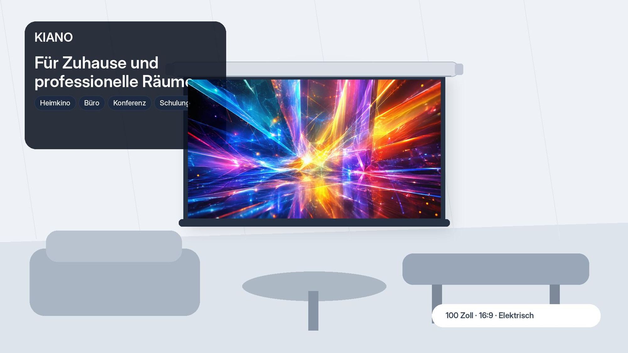Kiano Electric 100 Zoll Beamer-Leinwand 16:9 Fiberglass, elektrisch, für Wand und Decke, Heimkino, Büro und Präsentationen