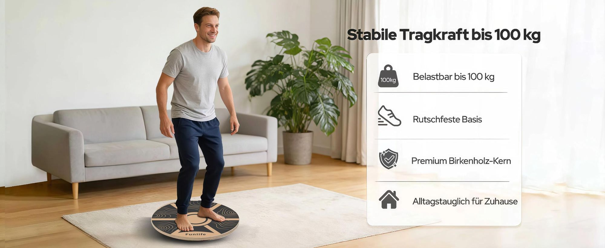 FunLife Balance Board rund Birkenholz TERRA – Gleichgewichtstrainer für 360° Balance & Core Training, Rutschfest & Langlebig, Core Disc bis 100 kg
