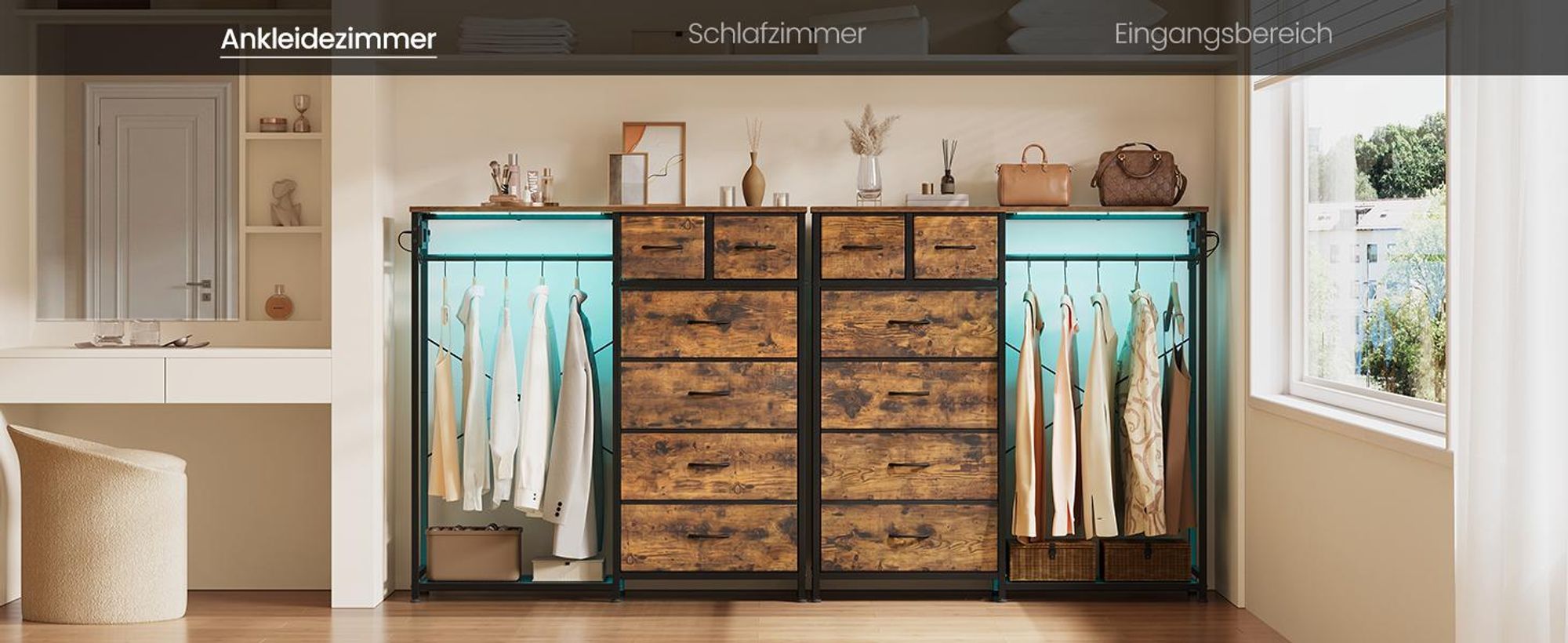 SONGMICS Kleiderständer mit 6 Schubladen, LED-Licht, Steckdosen und Schuhablage, 102,7 x 35 x 117,6 cm, Braun