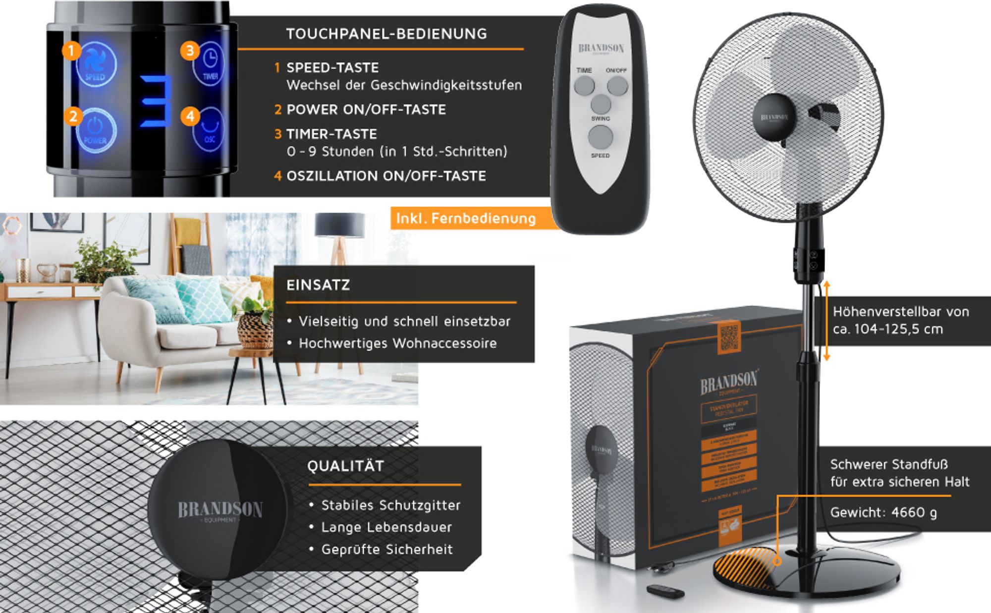 Schwarzer Standventilator mit Fernbedienung, Touch-Bedienfeld und passender Verpackung