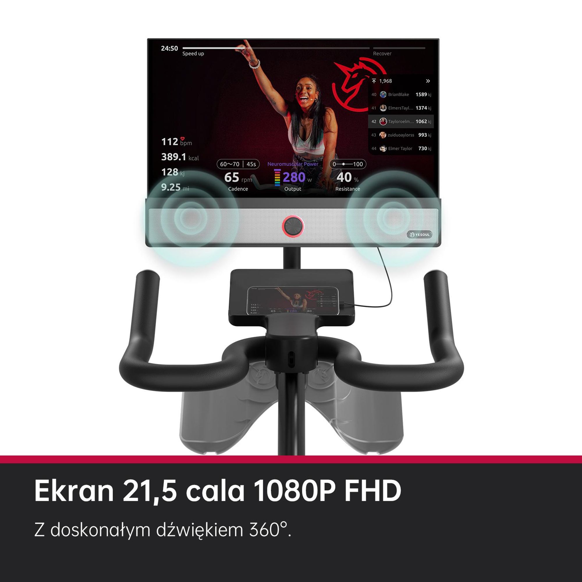 YESOUL G1M Plus – rower stacjonarny, cichy magnetyczny opór, wygodne siedzisko, rower fitness z ekranem 21,5" FHD