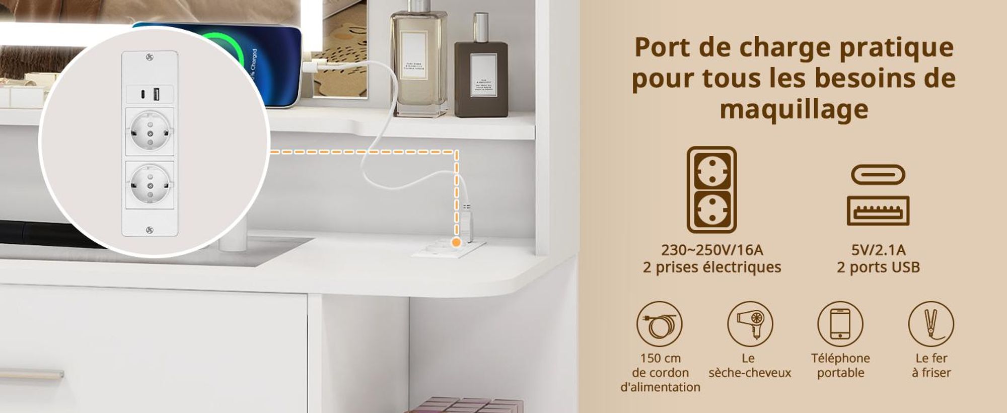 Table de maquillage Puluomis avec éclairage LED réglable, table de coiffure avec tiroir, support pour sèche-cheveux, ports USB et prises, plateau en verre, tabouret avec rangement, couleur blanche