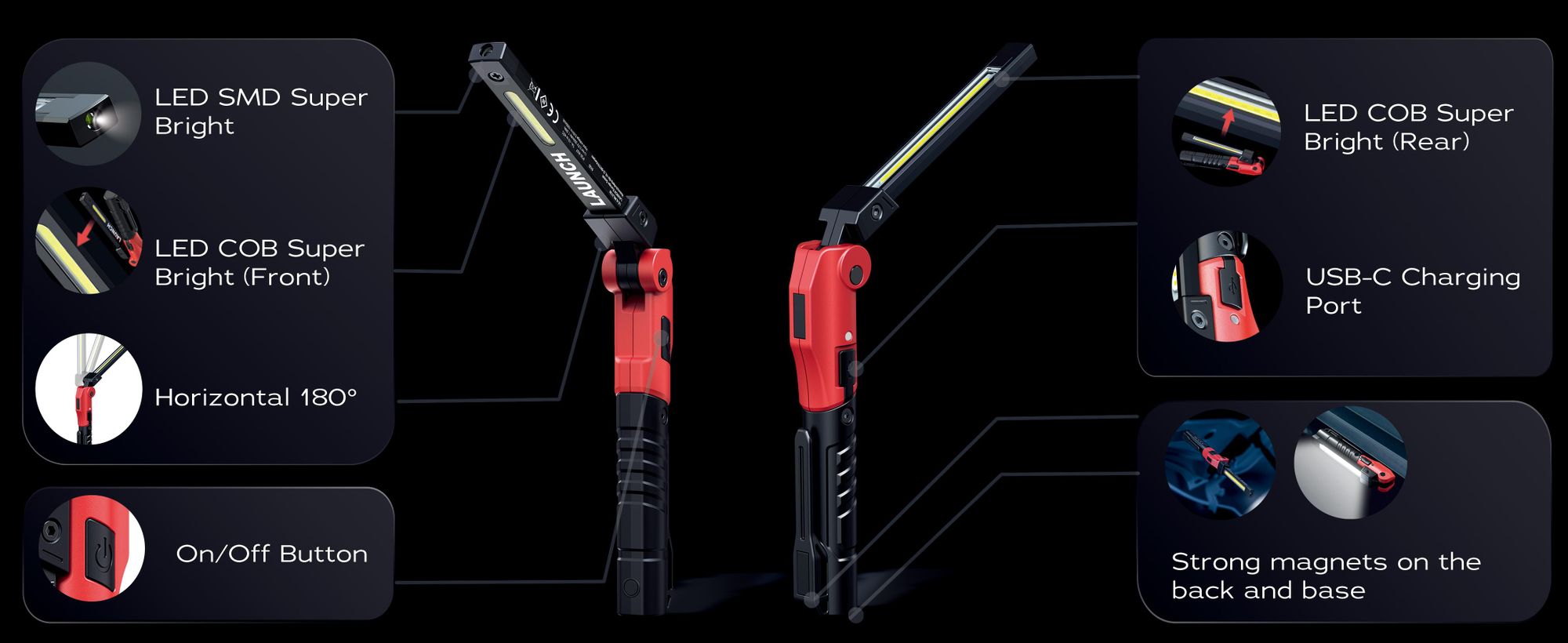 LAUNCH Taschenleuchte COB KFZ Werkstatt LED Magnet Taschenleuchte bis 100 Lumen + 3 Lichter Mod