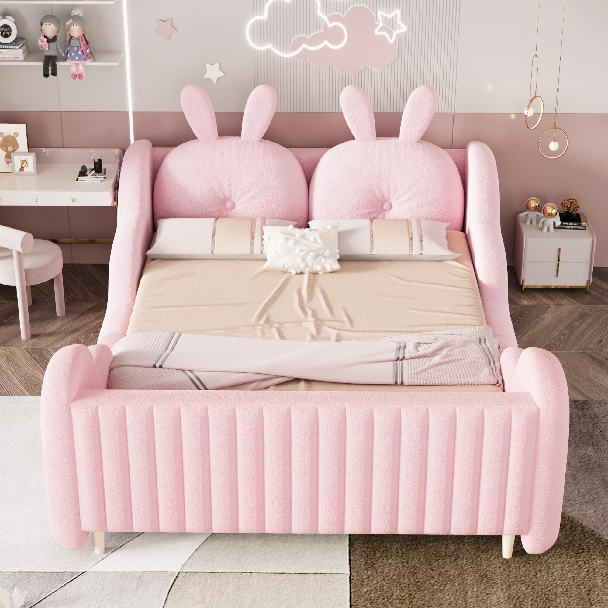 Merax Kinderbett Polsterbett 140x200cm mit Wolken-Seitenschutz, Teddy-Samt Bett mit Hasenkissen,Plattformbett Jugendbett mit Kissen in Hasenform,Rosa