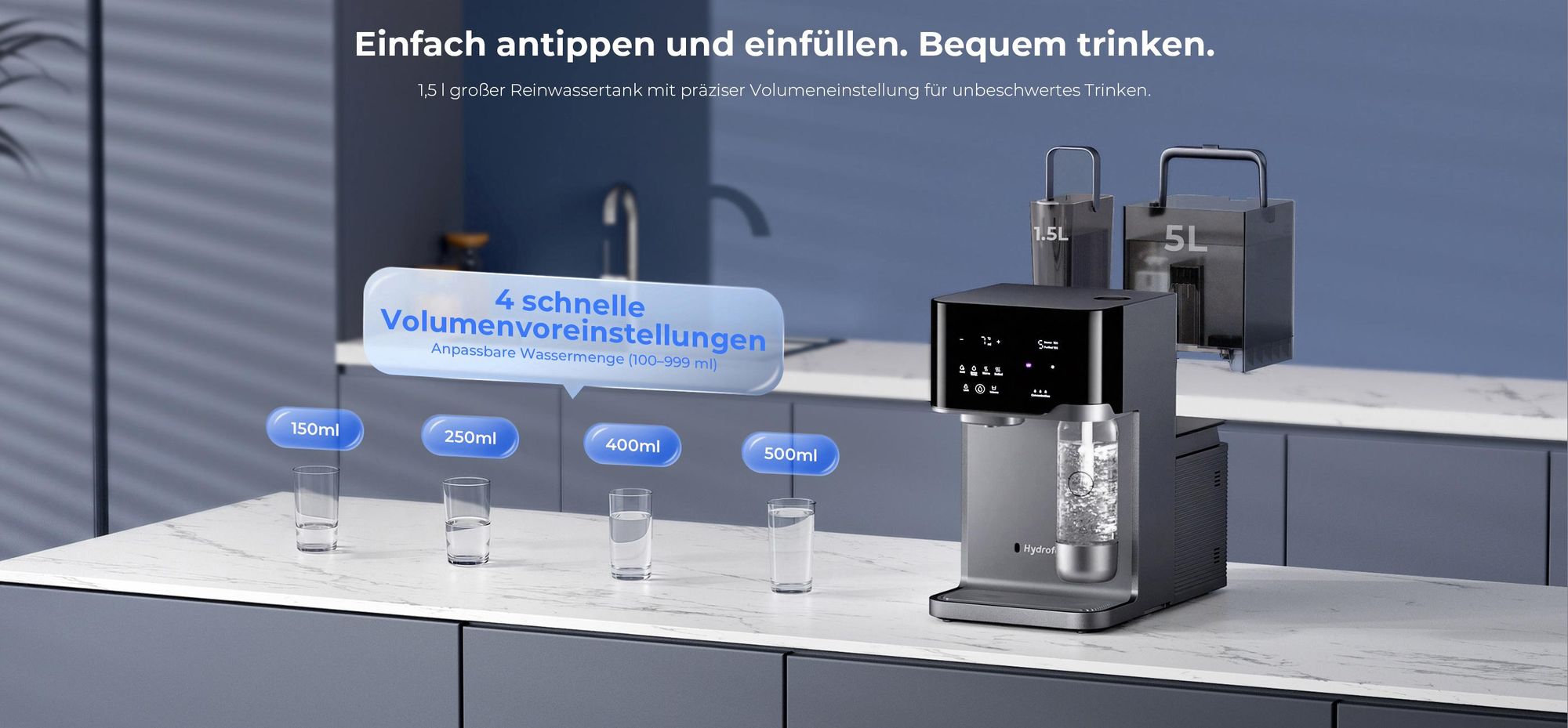 Hydrofast C300 RO Wasserfilter mit Sprudelfunktion inkl. HF04 5-in-1 Ersatzfilter, UV, 7°C Kaltwasser, Heißwasser