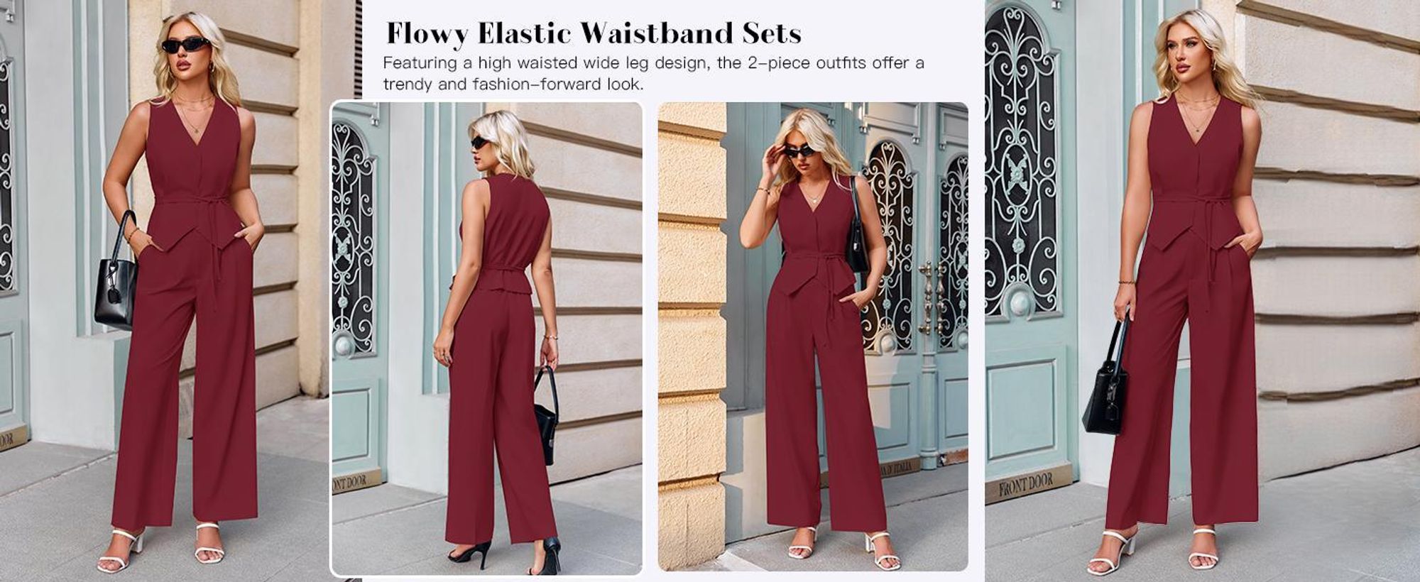 Business-Zweiteiler für Damen: Weste mit V-Ausschnitt + Businesshose mit weitem Bein