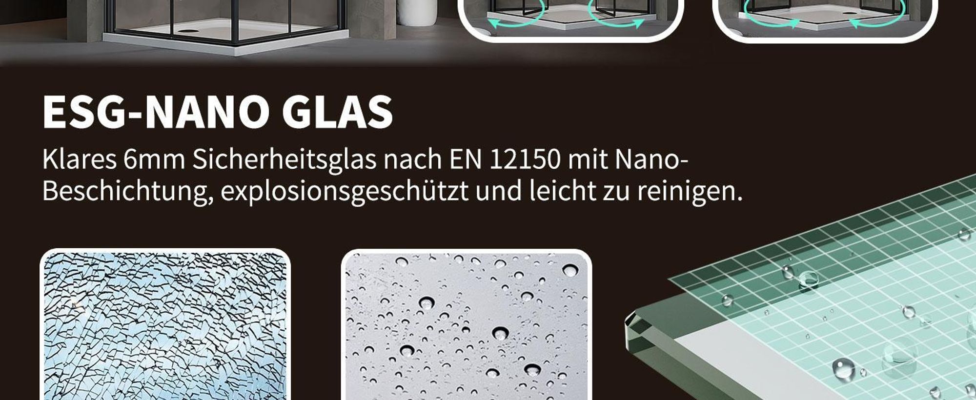 Falttür Duschkabine 90x90x195cm Eckeinstieg Duschabtrennung Doppelt Falttüren Eckdusche Faltbar Duschwand Schwarz Faltdusche aus ESG-NANO GLAS