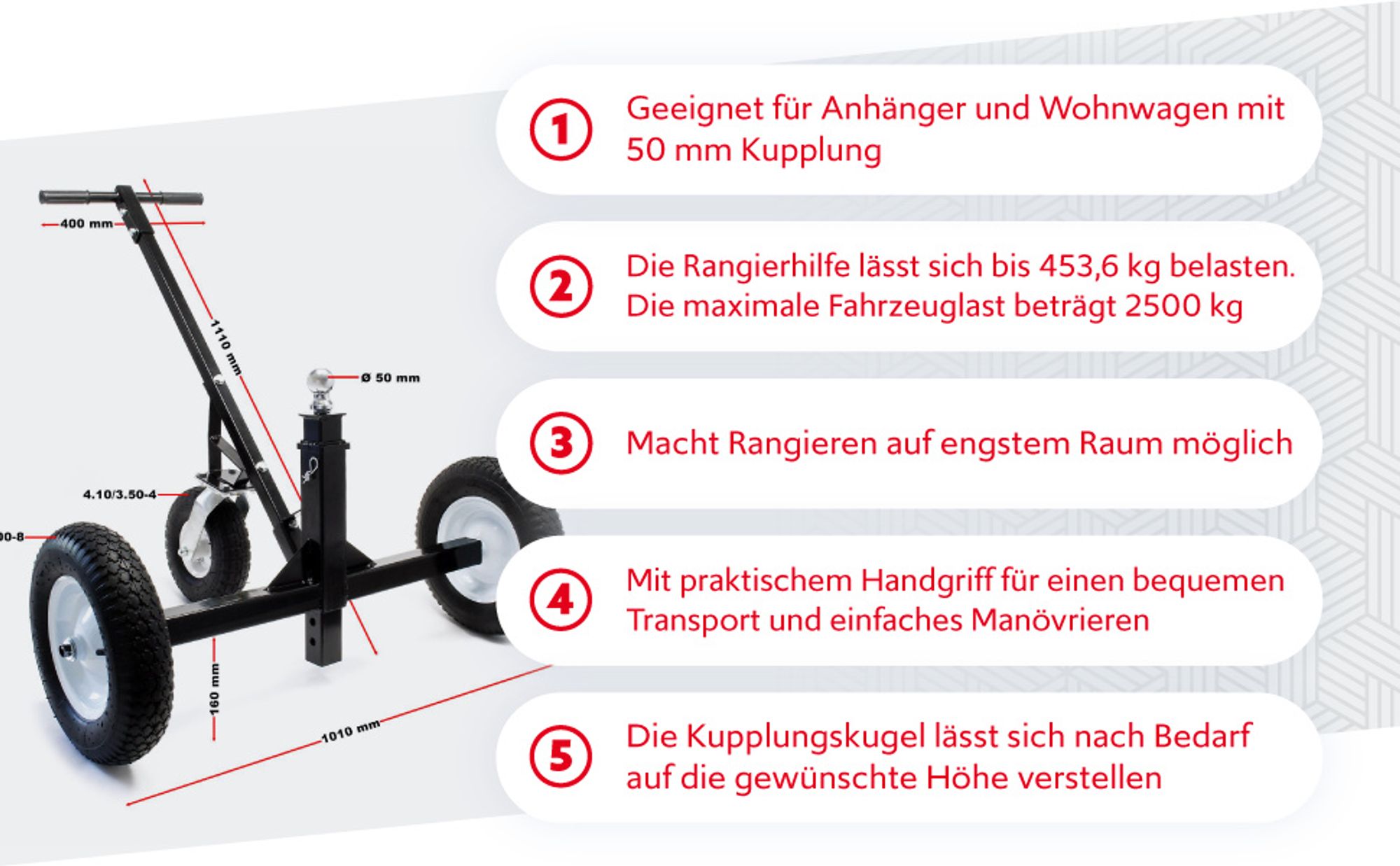 Wiltec Rangierhilfe für Anhänger und Wohnwagen bis 500 kg, Rangierwagen mit 3 Rädern und höhenverstellbarer Kupplungskugel
