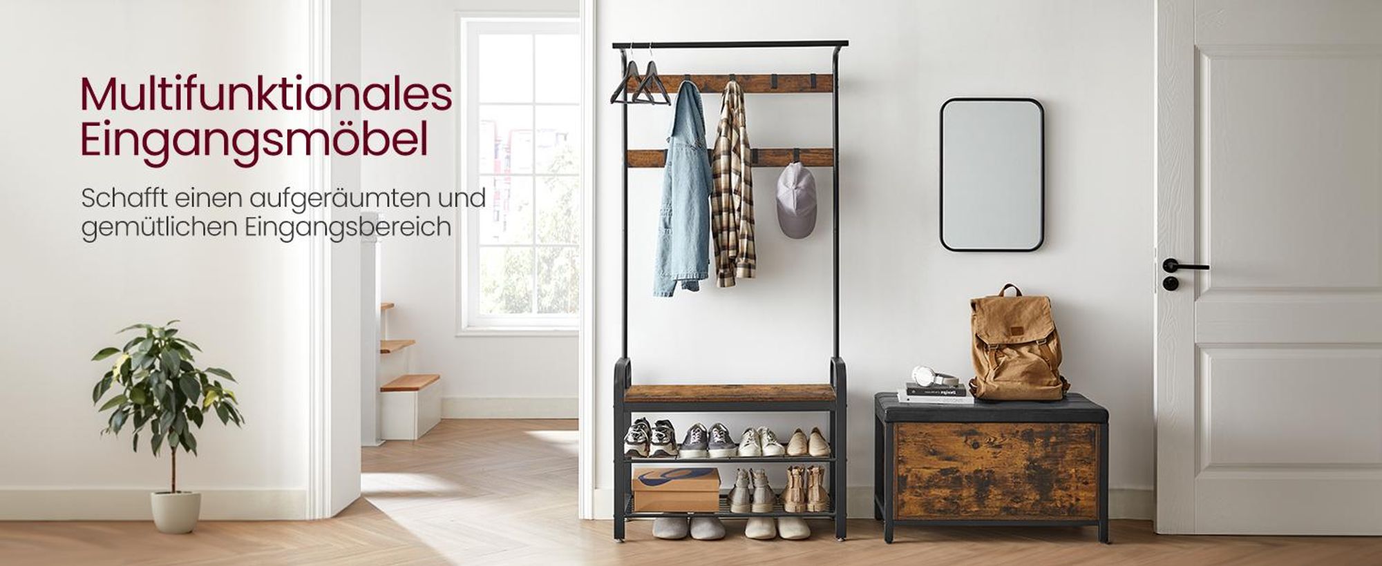 VASAGLE Garderobenständer, Schuhregal mit Sitzfläche, Kleiderständer mit 9 abnehmbaren Haken, Sitzbank, 2 Gitterablagen, 183 cm hoch, Industrie-Design