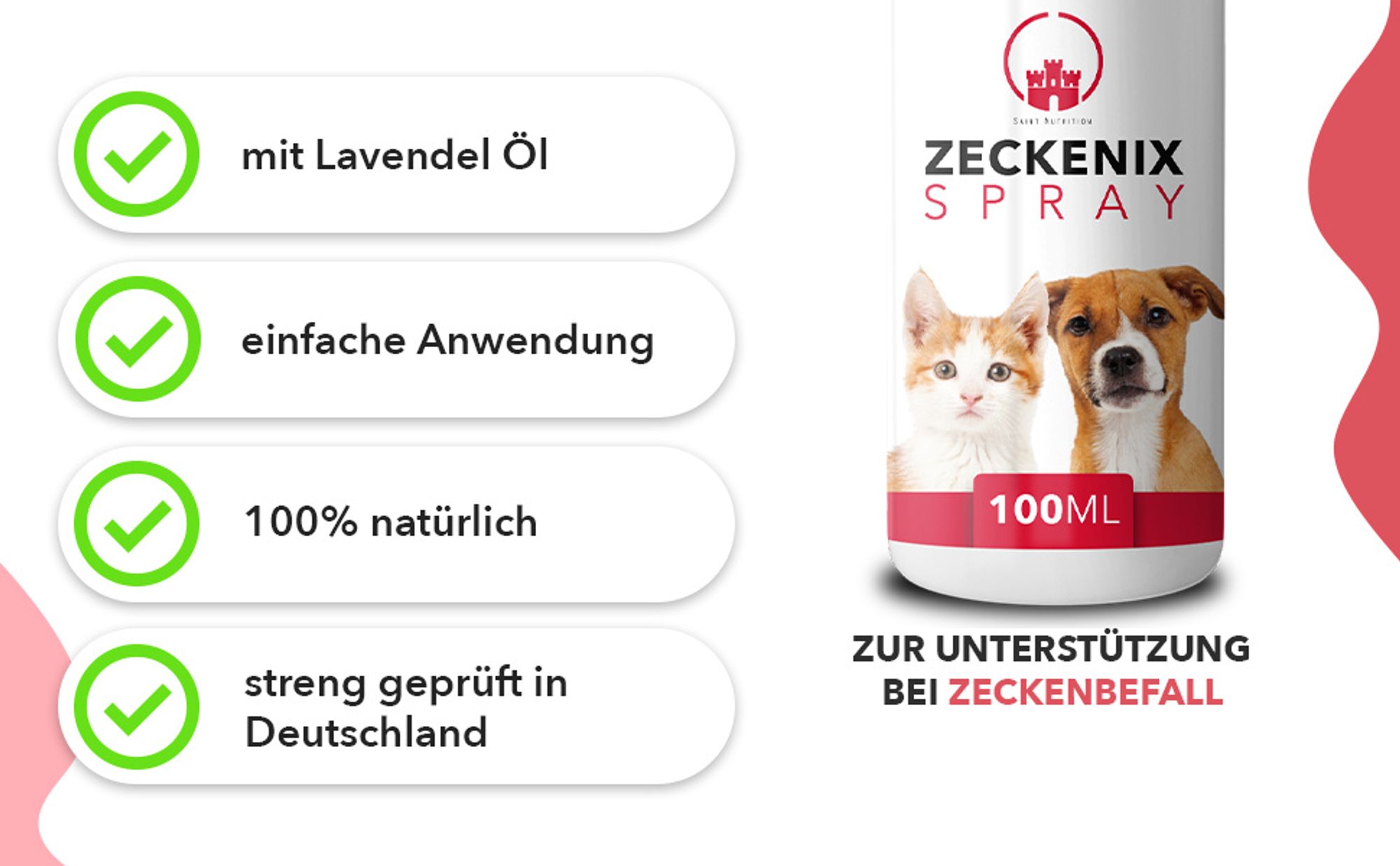 Saint Nutrition® Zeckenix Spray – zum Schutz vor Zeckenbefall – für Hunde und Katzen – Zeckenschutz Hund – natürliche Formel – 100 ml