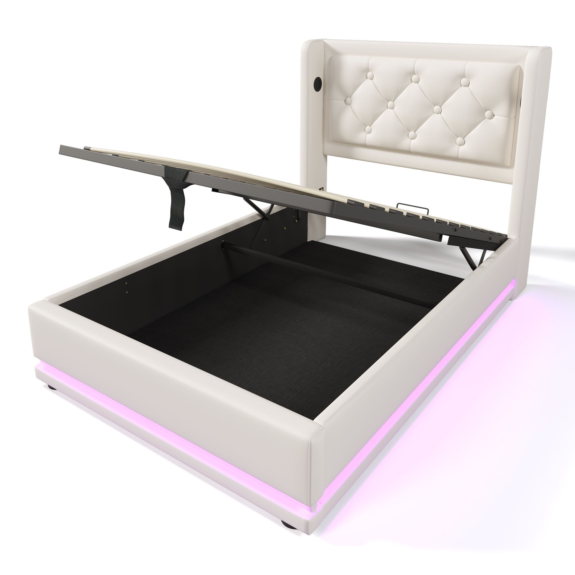 Flieks Polsterbett 90x200cm mit USB & Typ-C, Einzelbett Jugendbett mit LED, Hydraulisches Stauraumbett Boxspringbett mit Lattenrost, Kunstleder, Weiß