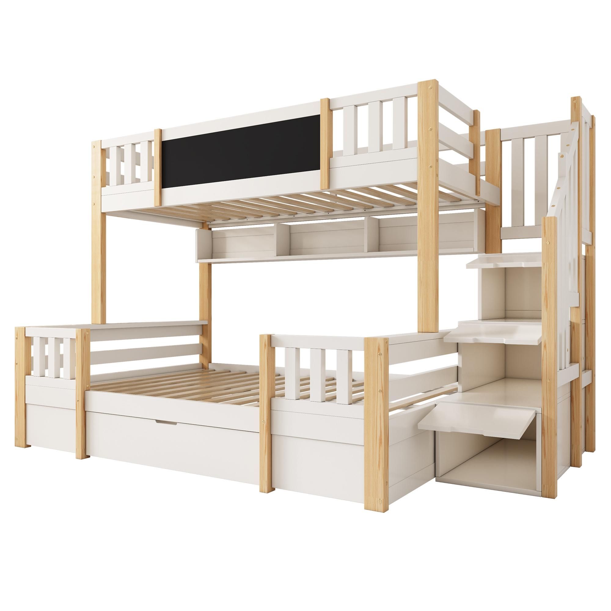 Flieks Etagenbett 90x200cm/140x200cm, Kinderbett Hausbett mit Kreidetafel, Hochbett mit Treppe und Schubladen, Stockbett für 2 Kinder, Naturbelassen