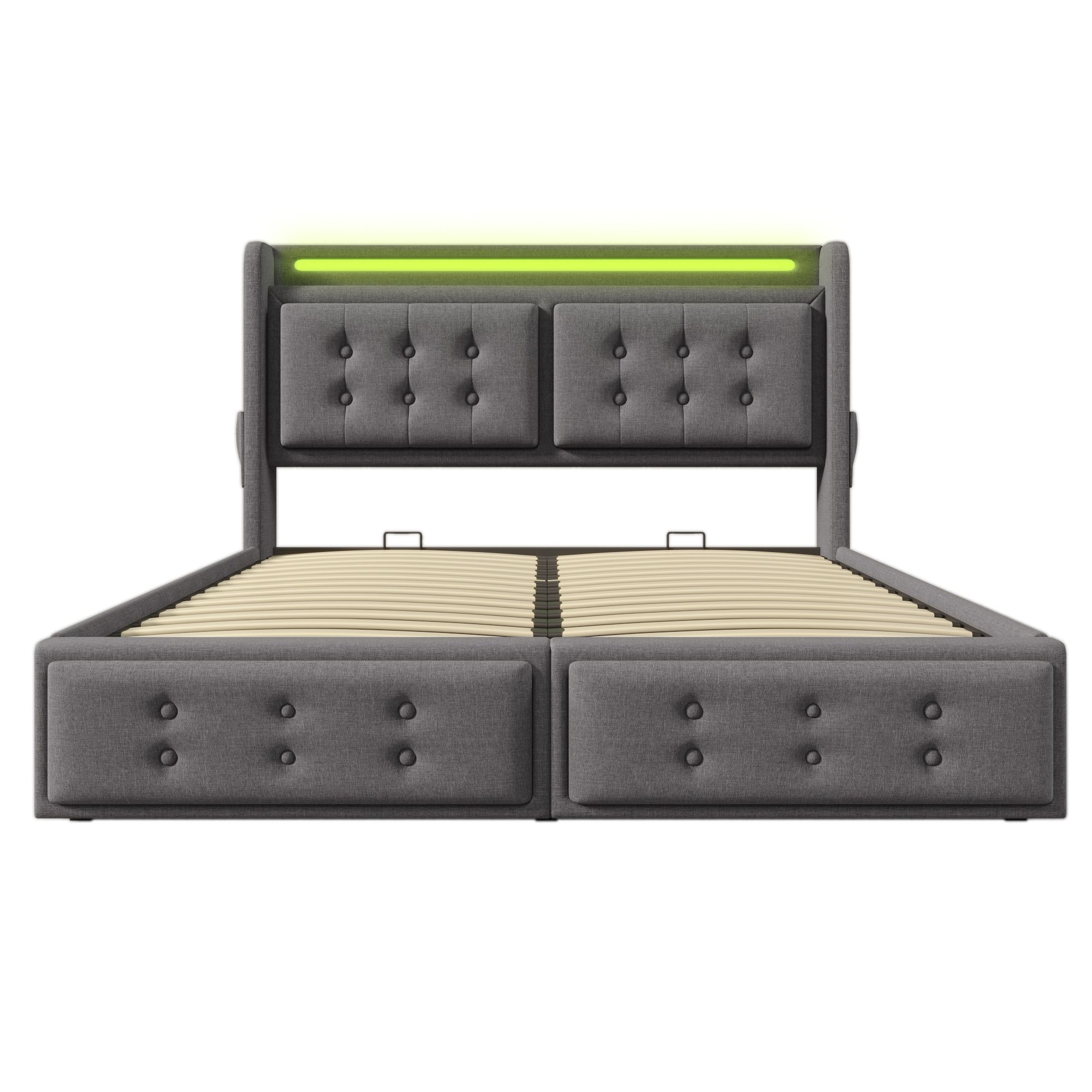 Flieks Polsterbett 140x200cm mit Ladefunktion, Doppelbett Jugendbett mit LED, Hydraulisches Stauraumbett Boxspringbett mit Lattenrost, Baumwolle, Grau