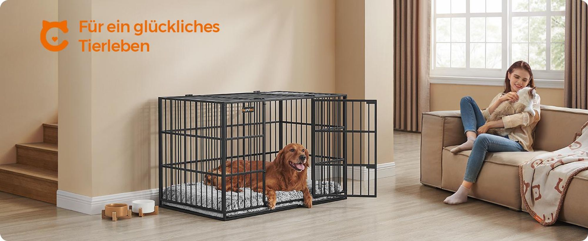 Feandrea Hundekäfig hochbelastbar, für mittelgroße und große Hunde, Doppeltüren