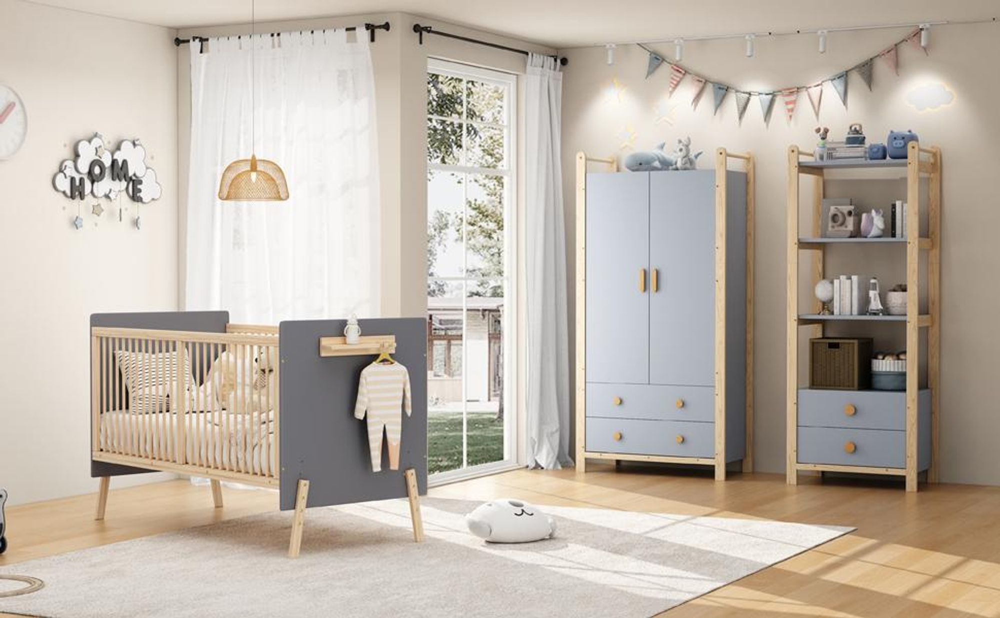 Merax Babybett 70x140cm, Gitterbett mit Regale, Haken, Verstellbares Kinderbett mit Drei-stufiger Höhenverstellung, Umwandelbar in Nebenbett, Natur