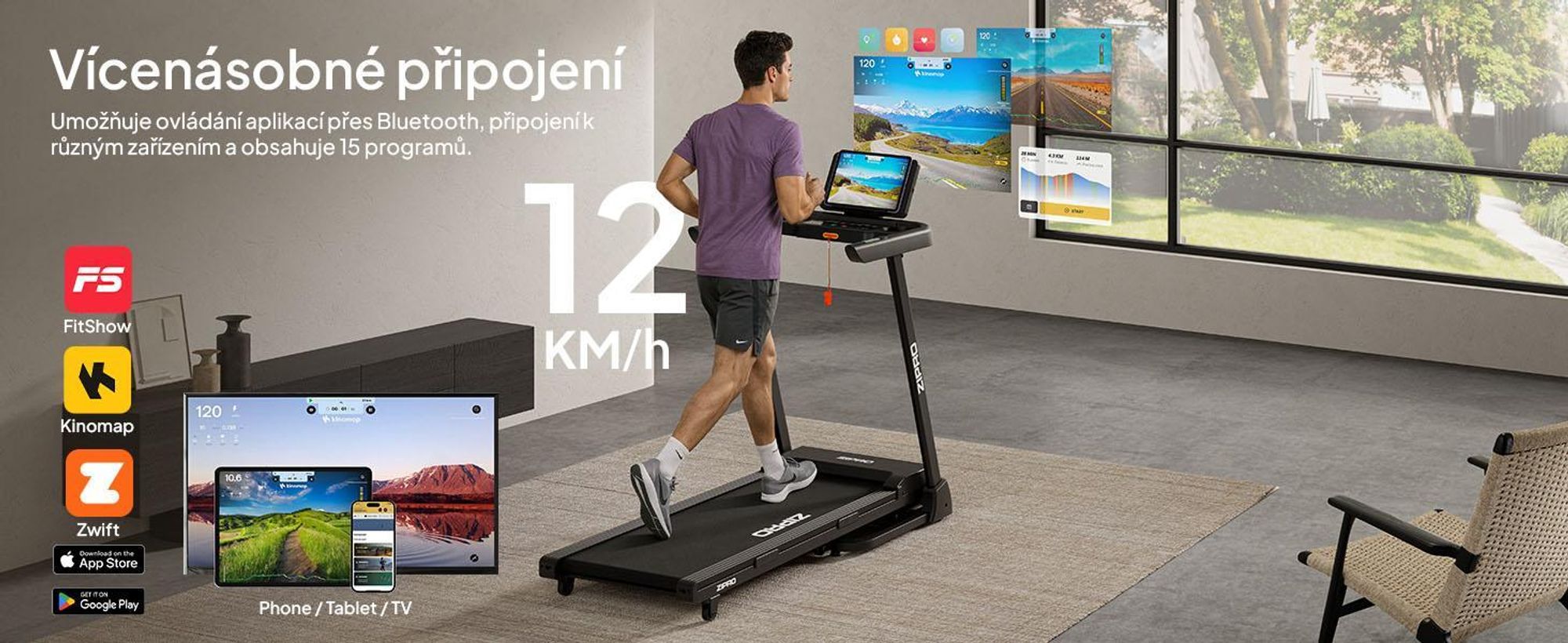 ZIPRO Luma Sklopný bežecký pás so sklonom – Elektrický bežecký pás pre domáce použitie 12 km/h Domáci trenažér Fitness zariadenie Kinomap App Bluetooth