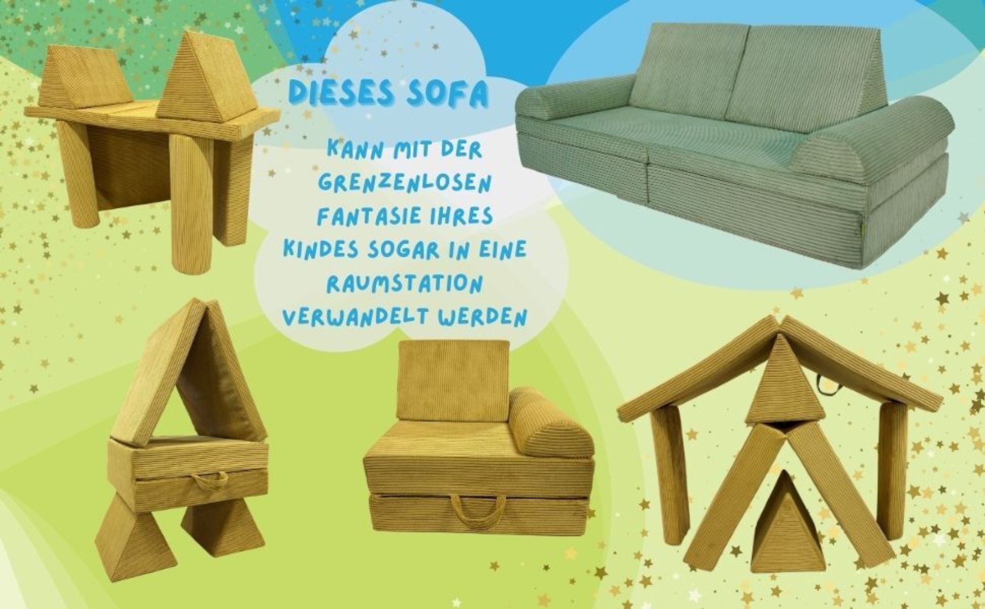 Pillows24 - Kindersofa mit Schlaffunktion | Weiches Spielsofa aus Cordstoff | Kinder Sofa mit abnehmbaren Bezügen für Spielzimmer, Gelb