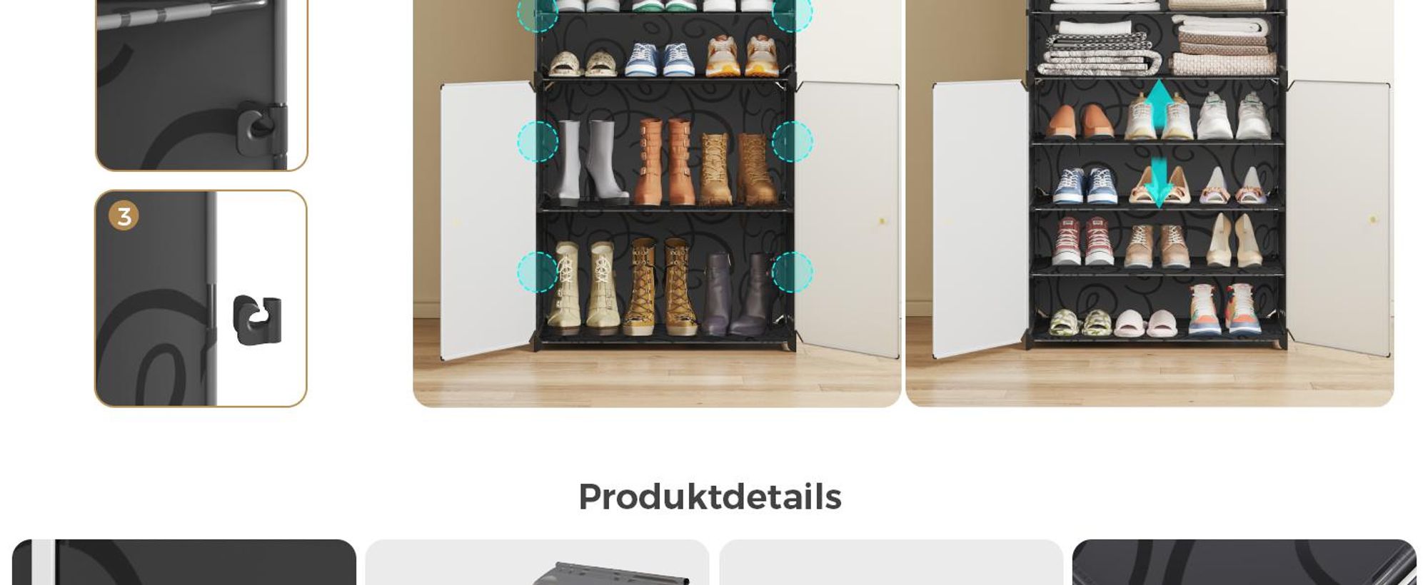 Mondeer Aufbewahrungsschrank aus PP, 8 Fächer Schuhschrank mit Haken für 24 Paar Schuhe, höhenverstellbar, für Flur & Wohnzimmer Schwarz