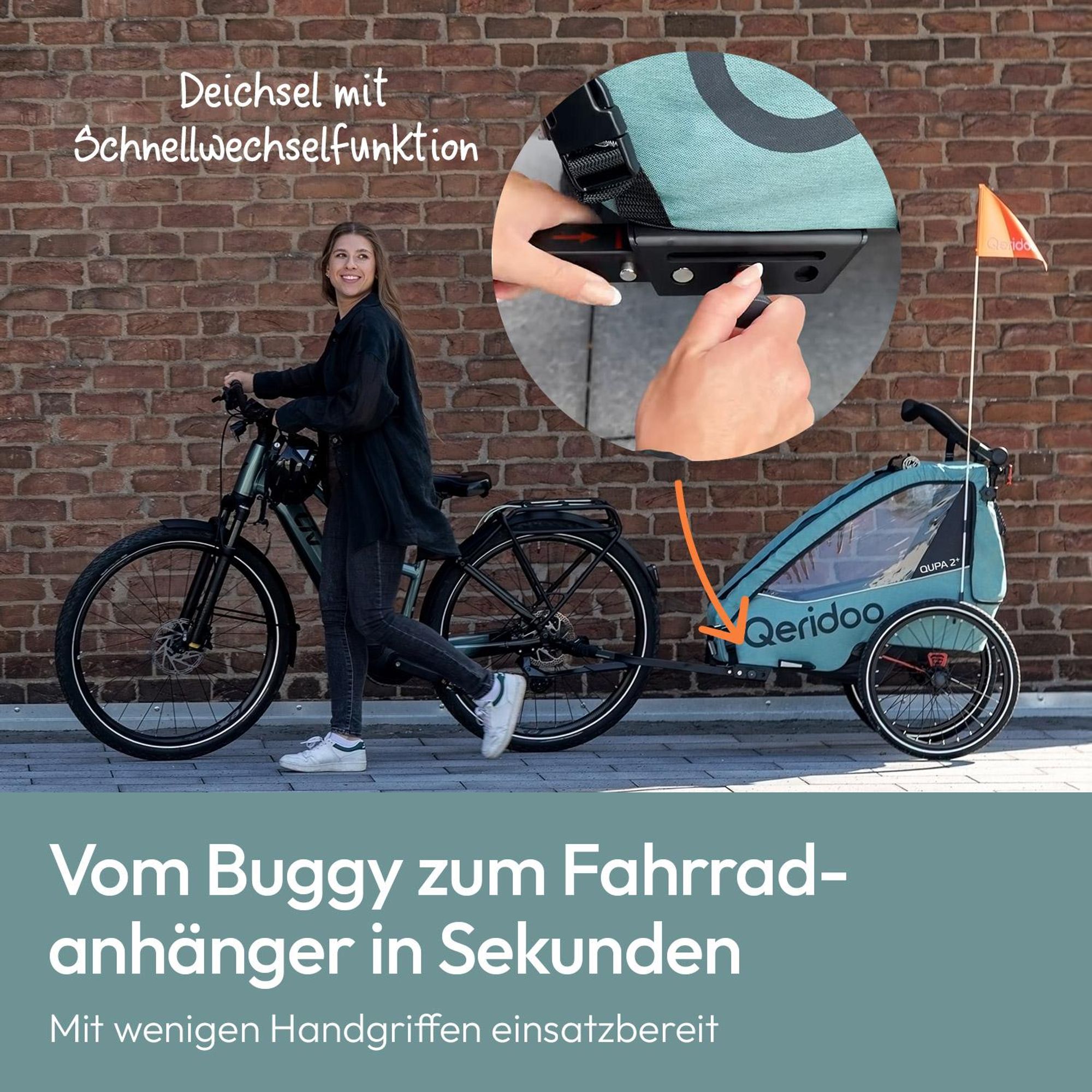 Qeridoo QUPA Plus 2 - Kinderfahrradanhänger für 2 Kinder, Farbe: Mineral Blue