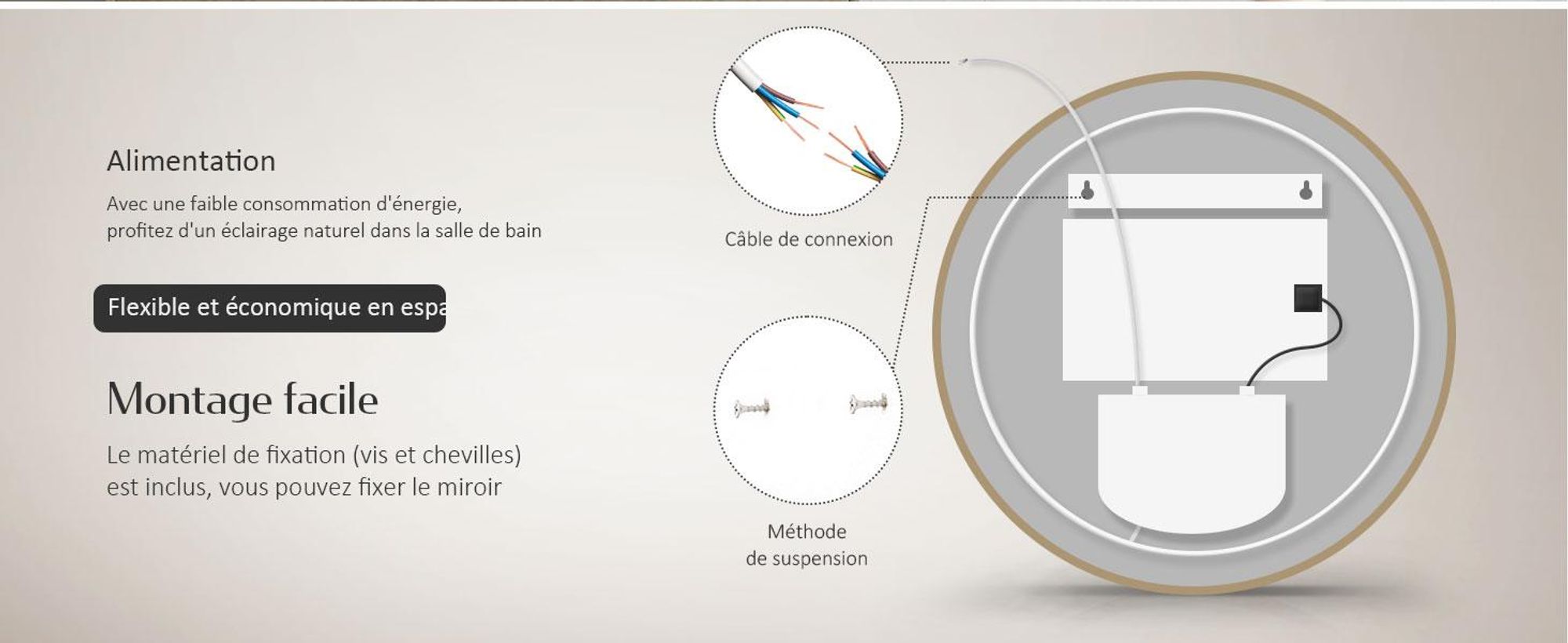 EMKE Miroir de salle de bain rond LED avec éclairage ф60cm Cadre doré brossé Miroir de salle de bain rond avec antibuée, horloge, température, variateur, fonction mémoire - Lumières neutres 4300K