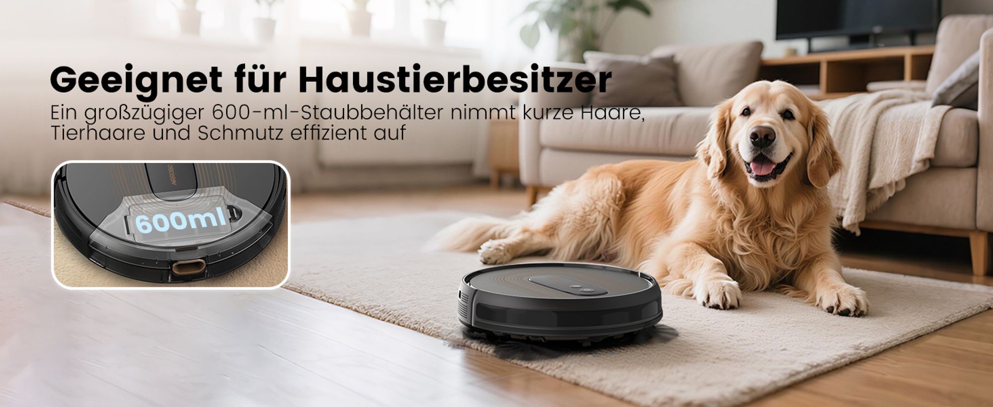 AIRROBO G50 Saugroboter fuer Tierhaare, Harte-boeden, Teppiche, 4000Pa Saugleistung, 140 m² Reichweite, Steuerung mit App/WiFi