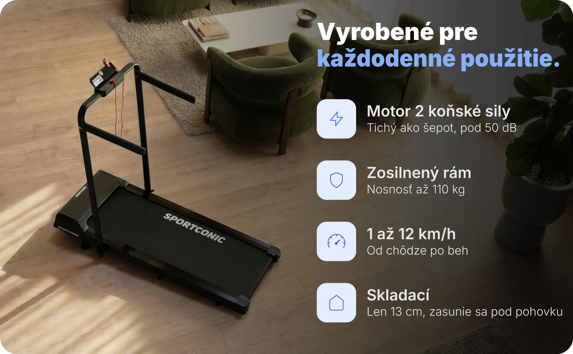 Sportconic Elektrický Bežecký Pás 12 km/h, Skladací Walking Pad Domov Kancelária, 9 % Sklon, LED Displej, Držiak na Tablet