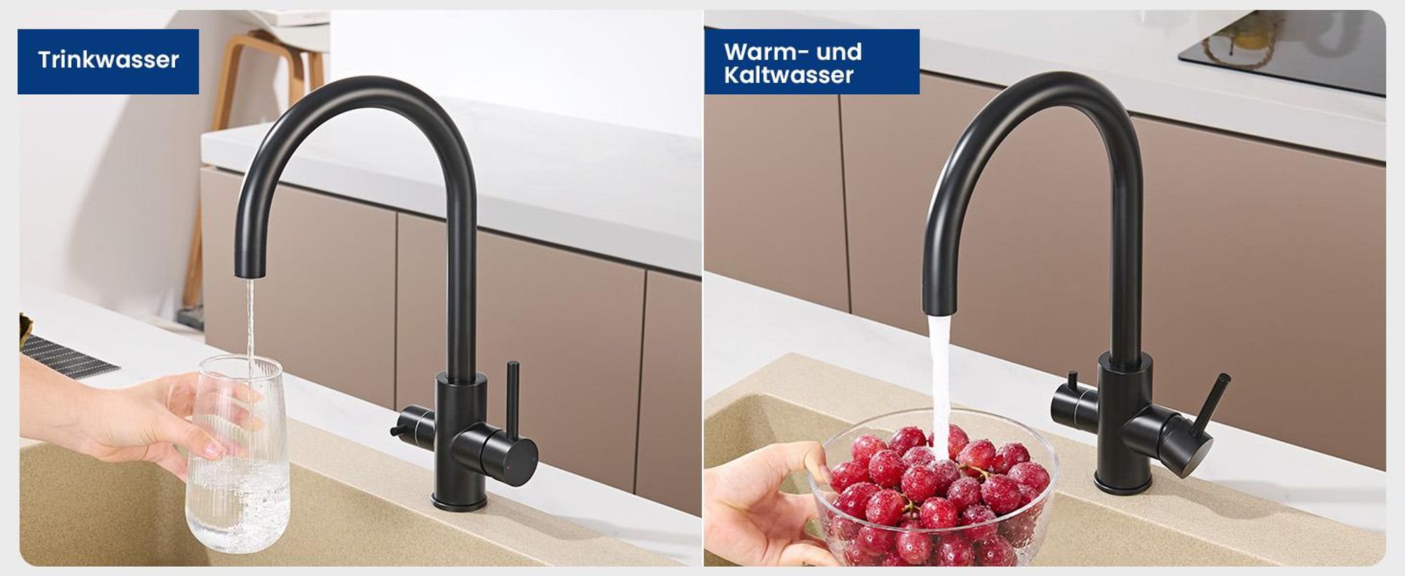 3 in 1 Filterwasserhahn Küche mit Filteranschluss, 360° Drehbar 3 Wege Küchenarmatur Schwarz, Edelstahl Spültischarmatur, Cecipa MAX Trinkwasserhahn
