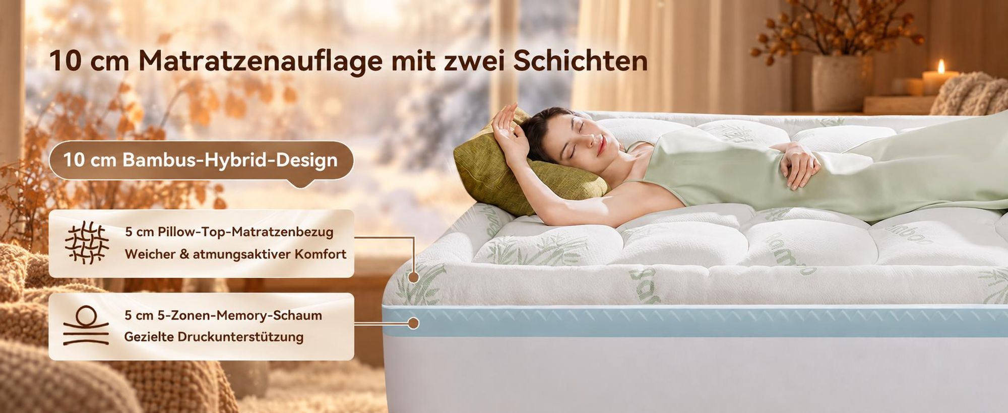 NicePlus 2-in-1 Topper, 180x200X10cm, 5-Zonen Memory Foam + Bambus-Pillow-Top, mit Eckgummis für alle Matratzen, H2/H3, Grün