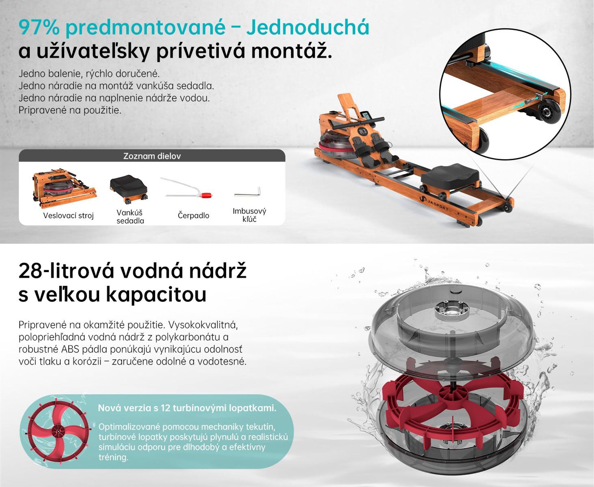 Skladací veslovací trenažér JASPORT R3 s LCD displejom s podporou Bluetooth, kompatibilný s Kinomap, 28-litrovou nádržou na vodu, nosnosťou do 150 kg – farba čerešňového dreva