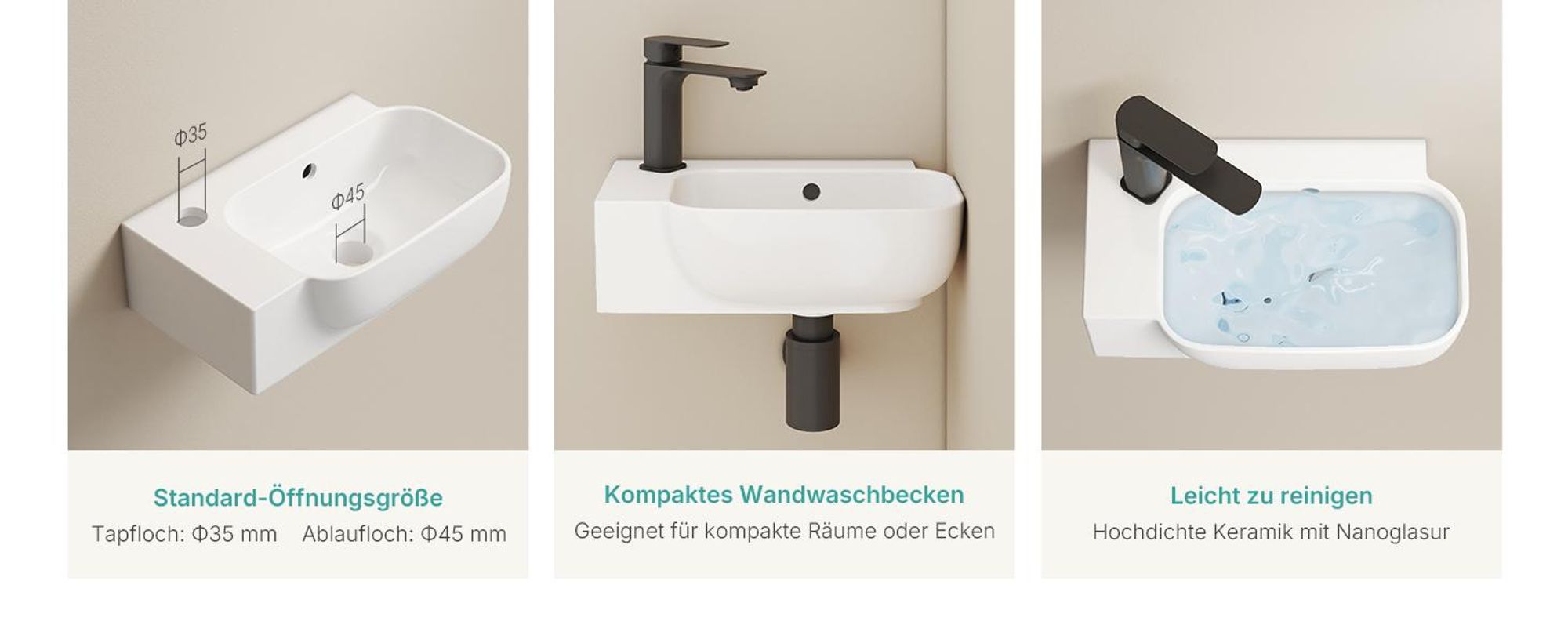 EMKE Wandwaschbecken Keramik Rechteckig 400x250mm Weiß Glänzend Abgerundetes Hänge Waschbecken mit Armaturloch & Überlauf für Gäste-WC & kleines Bad
