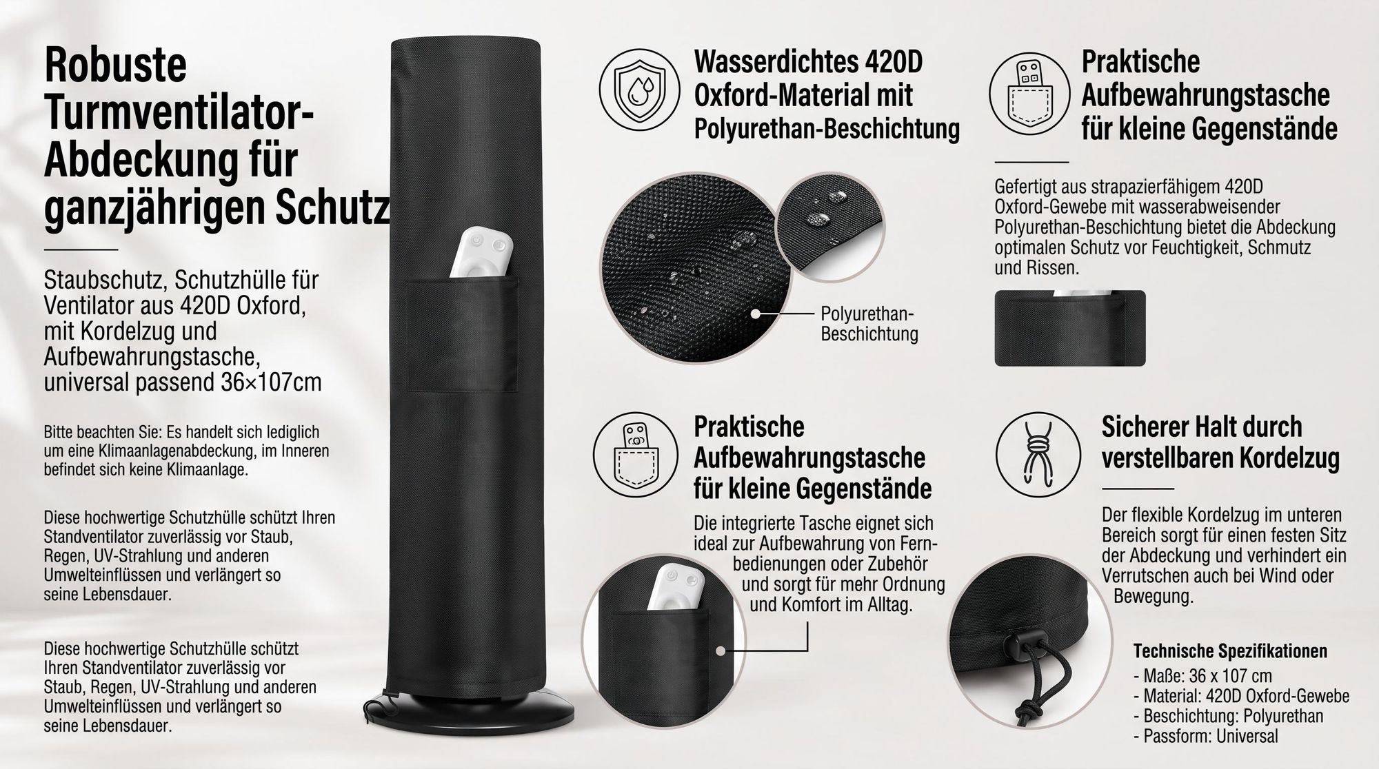 Turmventilator Abdeckung wasserdicht Staubschutz, Schutzhülle für Ventilator aus 420D Oxford, mit Kordelzug & Aufbewahrungstasche, universal passend 36×107cm