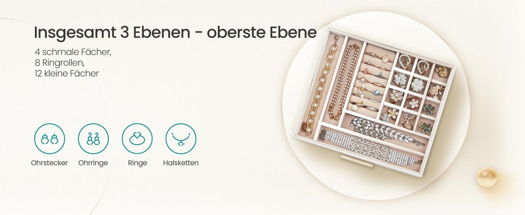 SONGMICS Schmuckkästchen, Schmuckkasten mit 3 Ebenen, Glasdeckel, 2 Schubladen