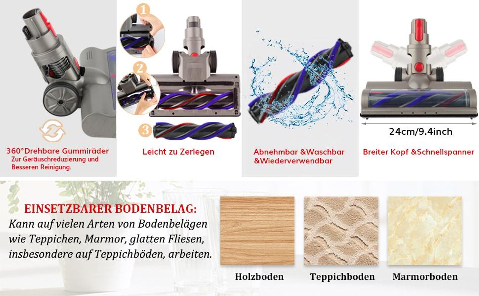 Bürste Kompatibel mit Dyson V7, V8, V10, V11 Staubsauger Elektrobürste mit Direktantrieb mit 4 Frontlichten für Hartboden und KurzflorigeTeppiche