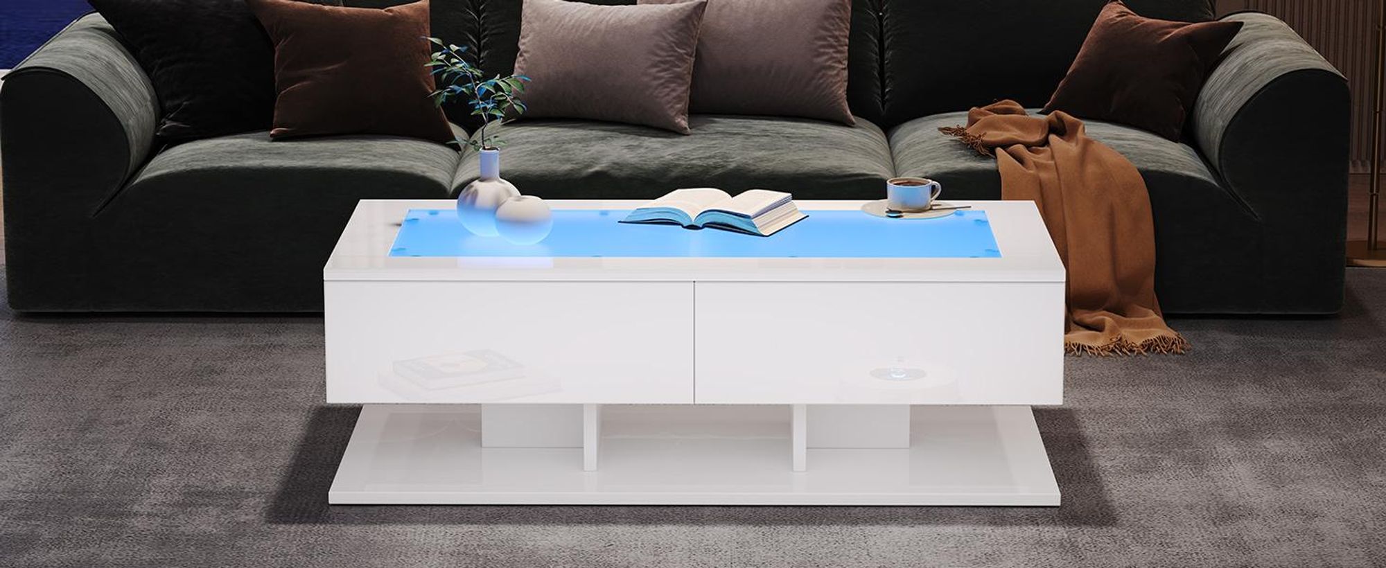STILVORA Couchtisch mit 2 Schubladen,Wohnzimmertisch Hochglanz mit LED-Beleuchtung,Sofatisch Beistelltisch aus Spanplatte mit Glasplatte,Weiß
