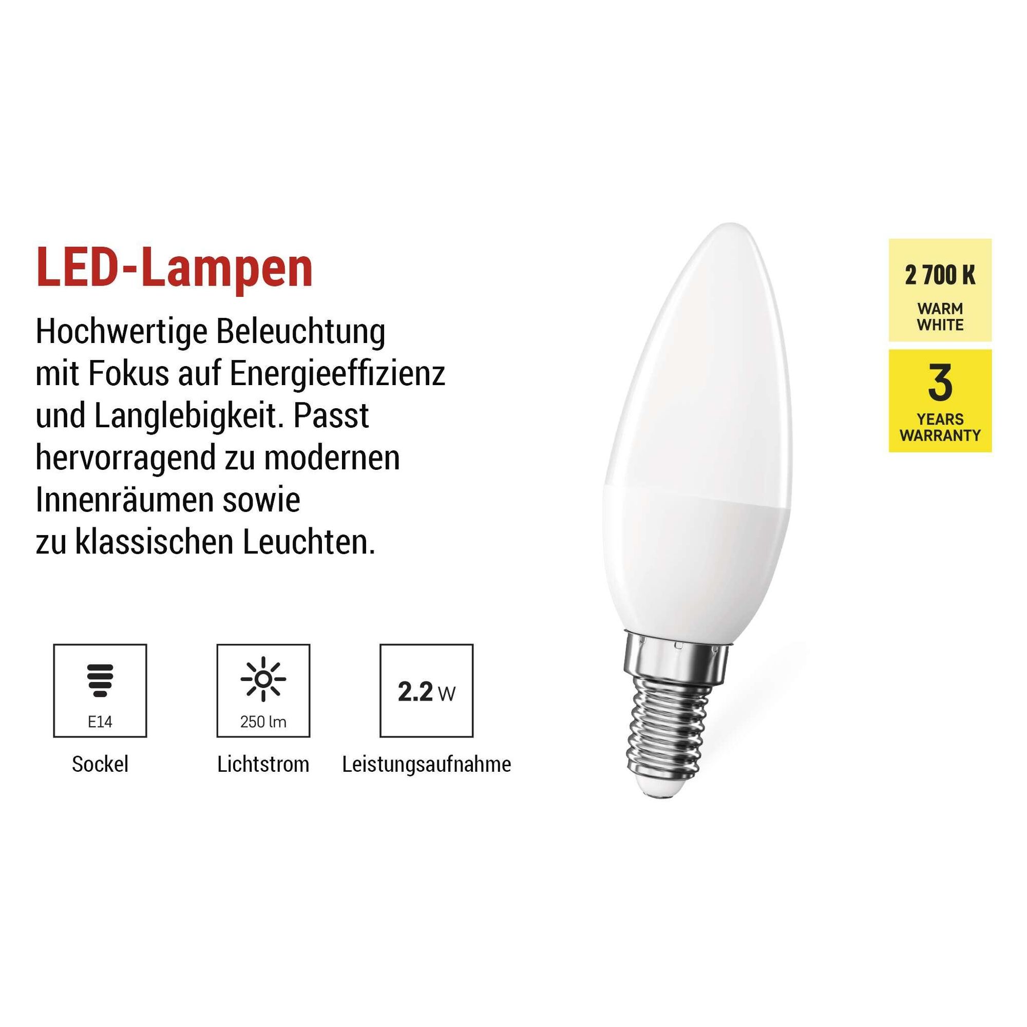 EMOS LED Lampe Candle, 2,2W Ersatz für 25W Glühbirne, Kerzenlampe mit E14 Sockel, Helligkeit 250 lm, Warmweiß 2700 K, 30000 h Lebensdauer, ZQ3E01