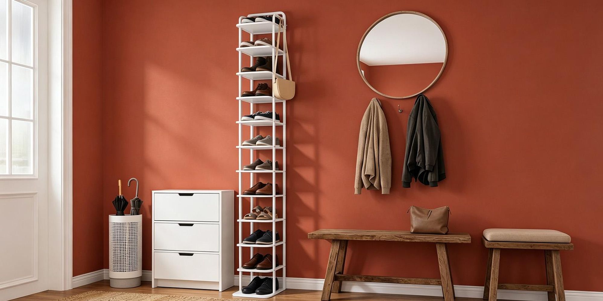 Vertikales Schuhregal, 12-Stöckig, Platzsparend, Weiß | Schuhturm für Kleine Räume, Freistehend, Verstellbar