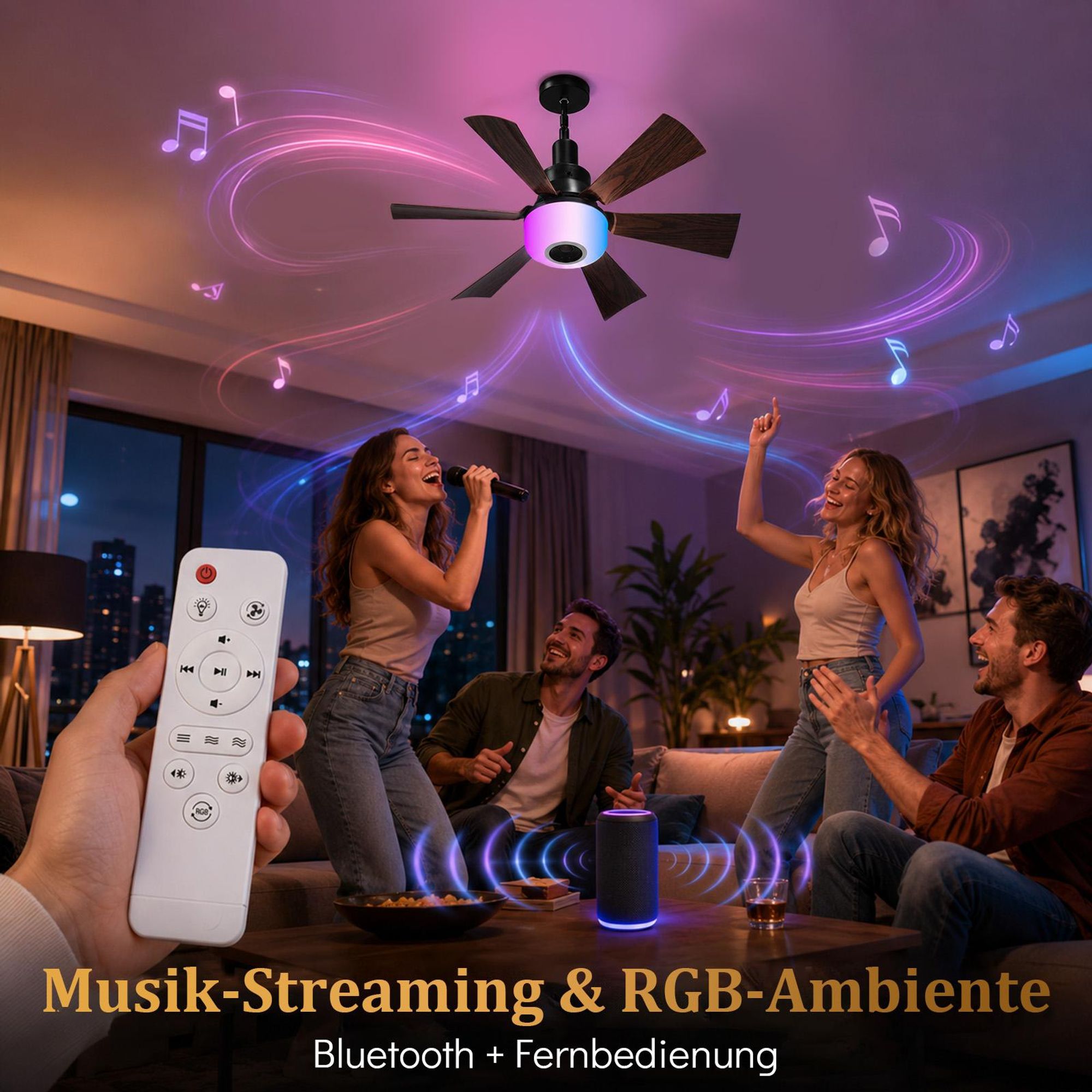 E27 Leise Ventilator φ52cm Deckenventilator mit Licht & Fernbedienung 40W RGB Bluetooth Lautsprecher 3 Windstufen, Lampe mit Ventilator Schlafzimmer